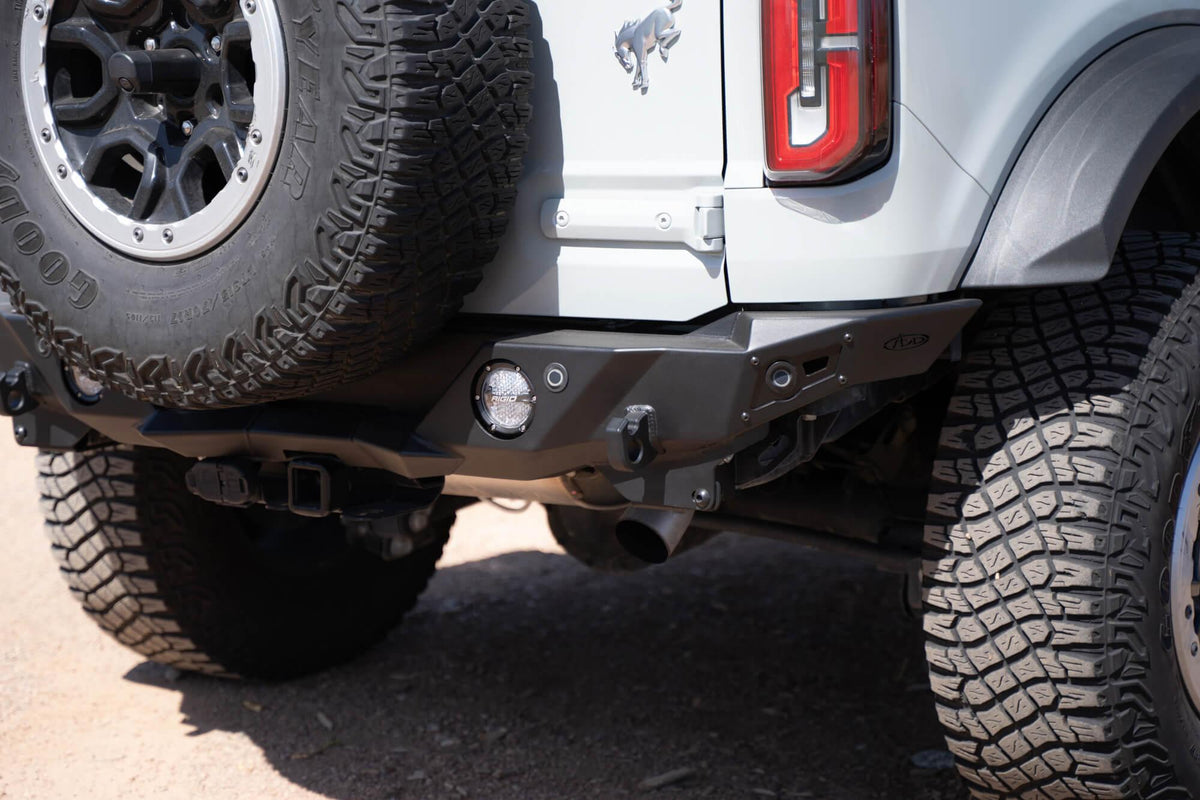 Addictive Desert Designs Ford Bronco 2021-Up Krawler Rear Bumper With Mounts For 2 Round Lights In Hammer Black With Satin Black Panels - R230210030103