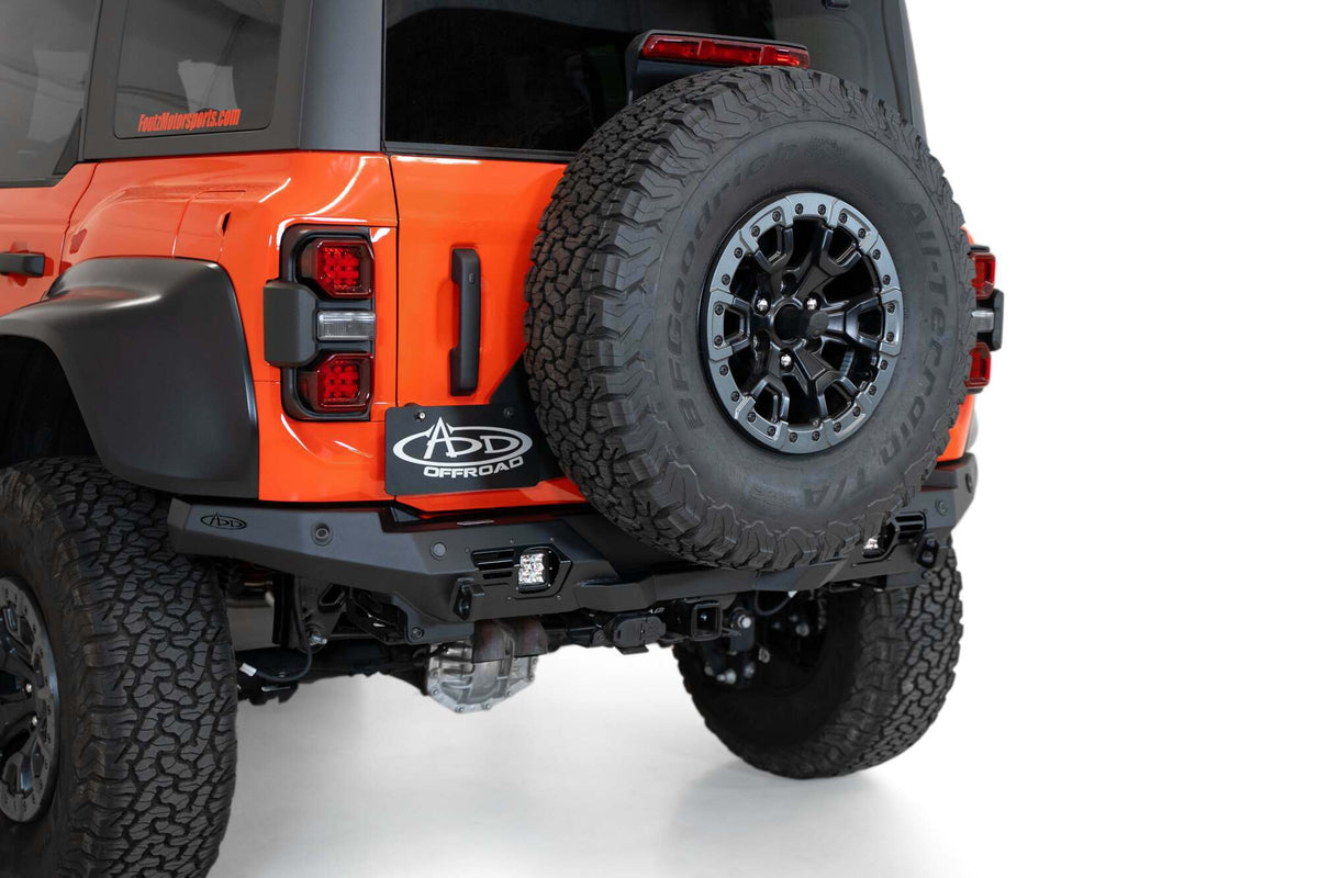 Addictive Desert Designs Ford Bronco Raptor 2022 - up Bomber Rear Bumper with Mounts for 2 Cube Lights in Hammer Black with Satin Black panels - R260141090103