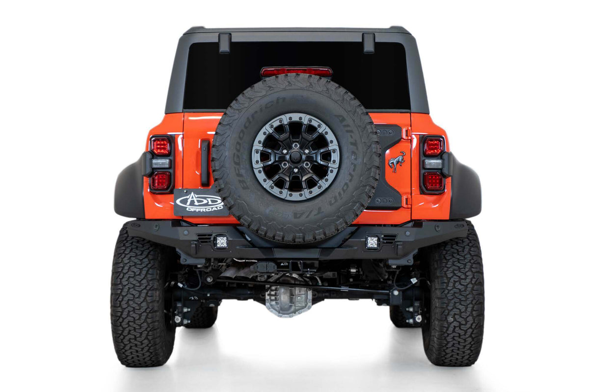 Addictive Desert Designs Ford Bronco Raptor 2022 - up Bomber Rear Bumper with Mounts for 2 Cube Lights in Hammer Black with Satin Black panels - R260141090103