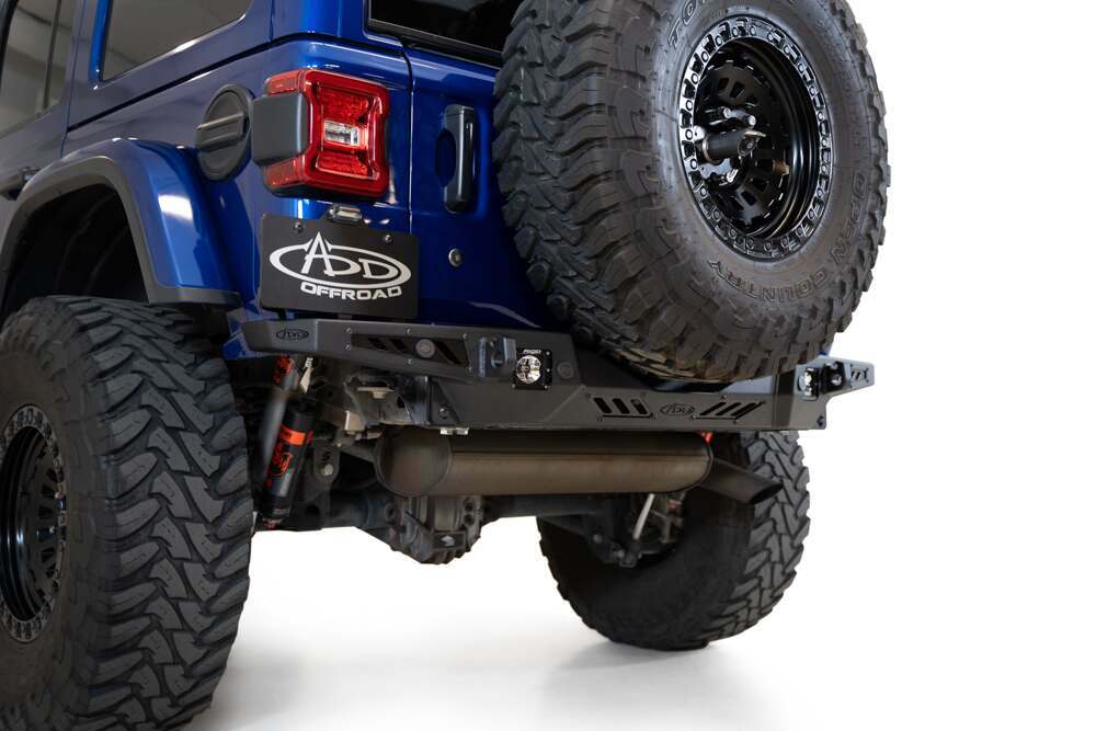 Addictive Desert Designs Jeep JL 2018 - Up Stealth Fighter Rear Bumper With D Ring Mounts And Mounts For 2 Cube Lights In Hammer Black With Satin Black Panels - R960181280103