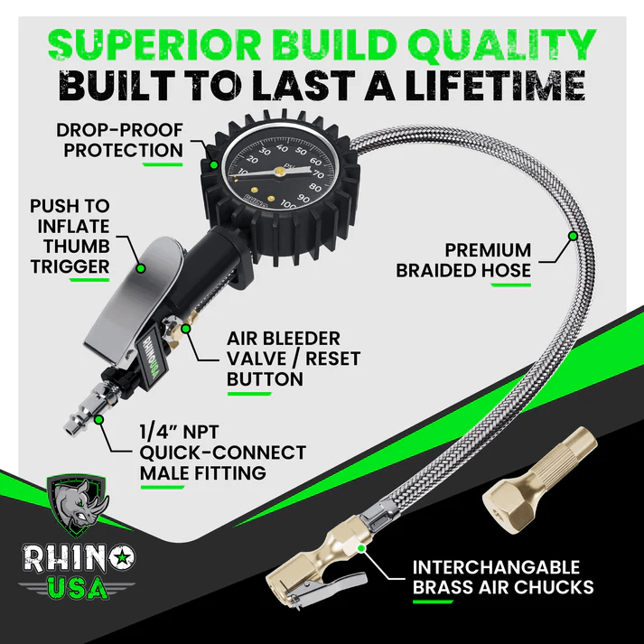 Rhino USA Rhino Usa 100 Psi Analog Tire Inflator Gauge - RGAUGE-0100