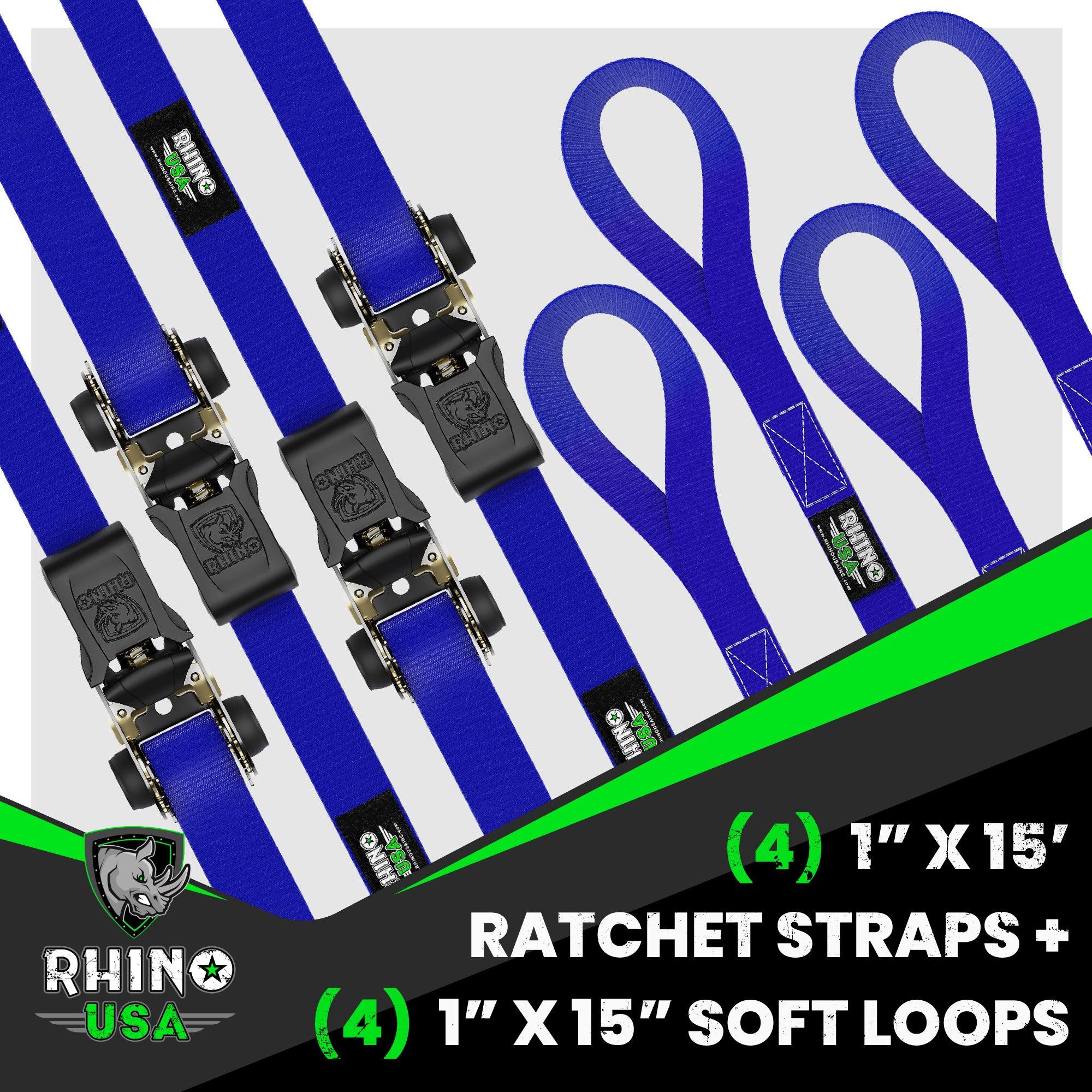 Rhino USA Rhino Usa Medium Duty Ratchet Strap Tie-Down 4-Pack (Blue) - RCHT-4PACK-BLU