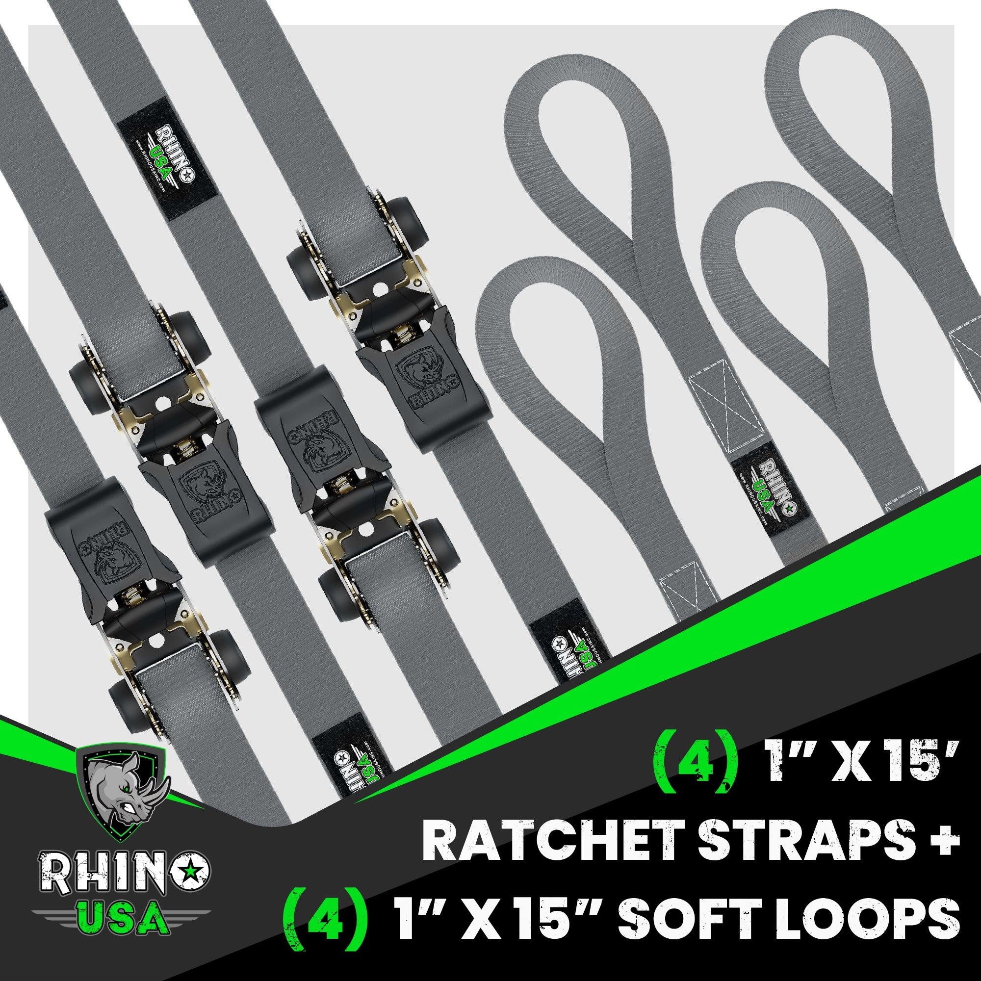 Rhino USA Rhino Usa Medium Duty Ratchet Strap Tie-Down 4-Pack (Gray) - RCHT-4PACK-GRY