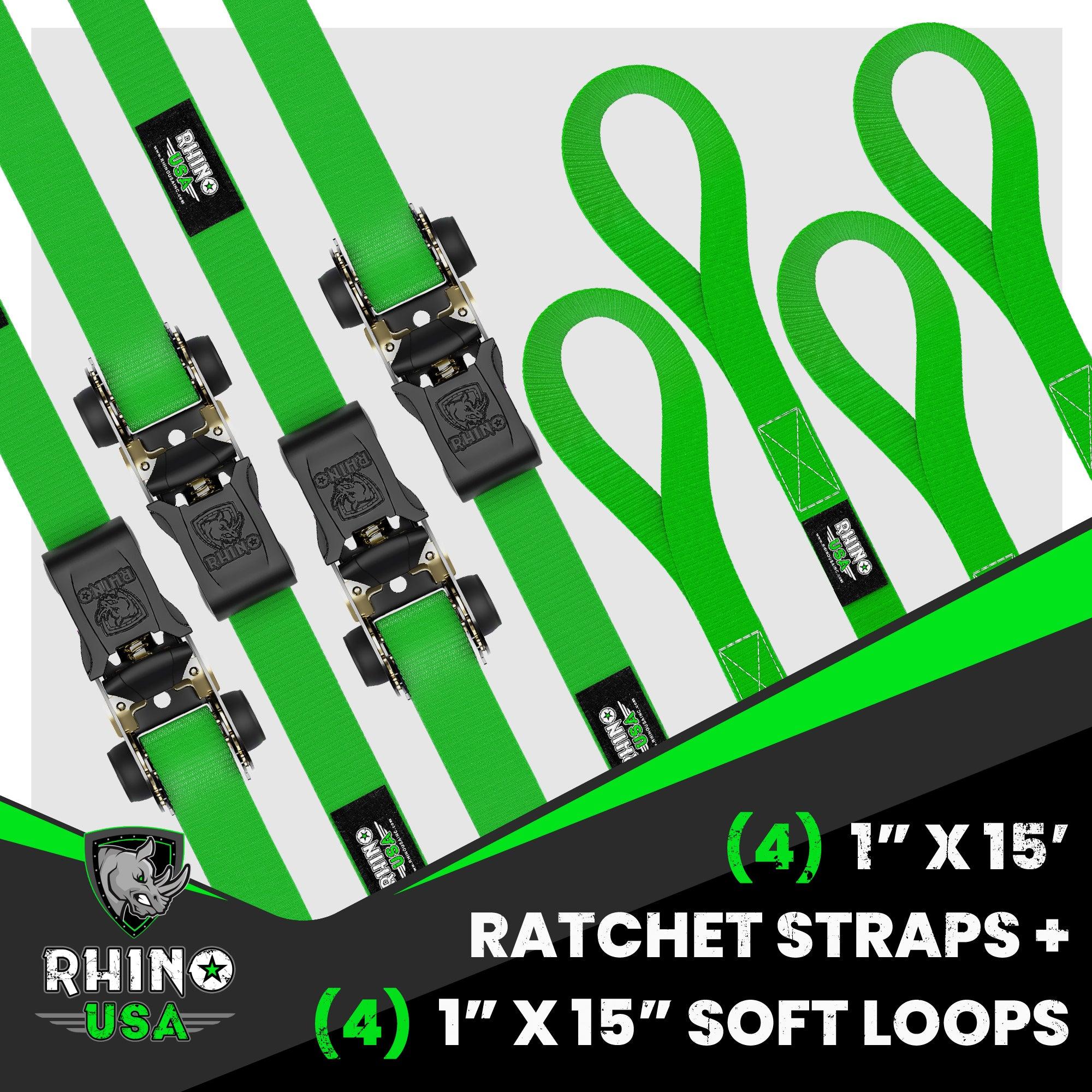 Rhino USA Rhino Usa Medium Duty Ratchet Strap Tie-Down 4-Pack (Green) - RCHT-4PACK-GRN