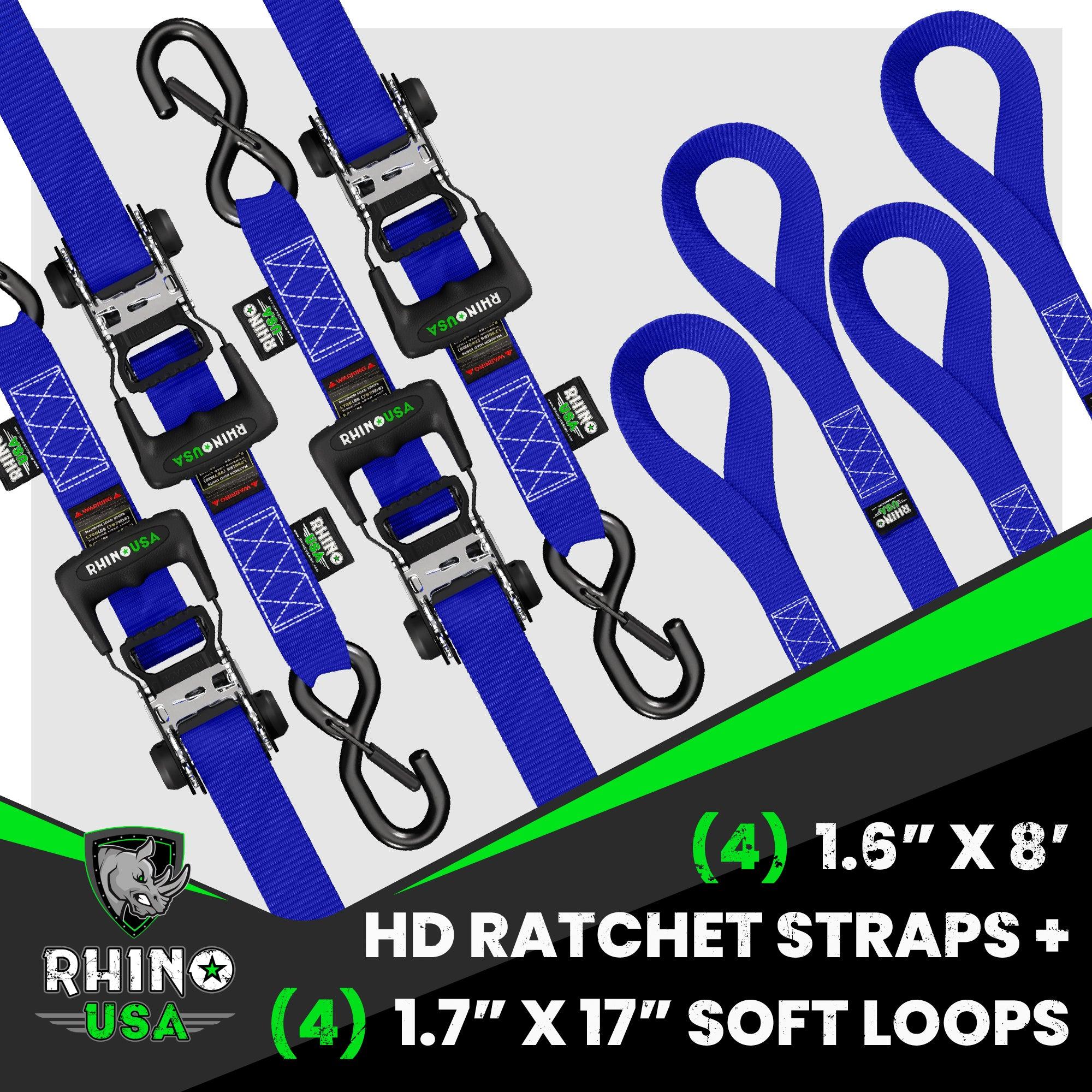 Rhino USA 1.6" X 8' Rhino Usa Heavy Duty Ratchet Tie-Down 4-Pack (Blue) - HDKIT-4PK-BLU