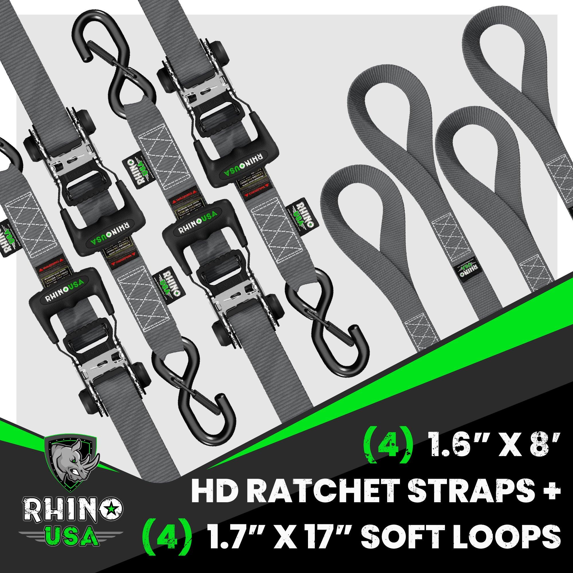 Rhino USA 1.6" X 8' Rhino Usa Heavy Duty Ratchet Tie-Down 4-Pack (Gray) - HDKIT-4PK-GRY