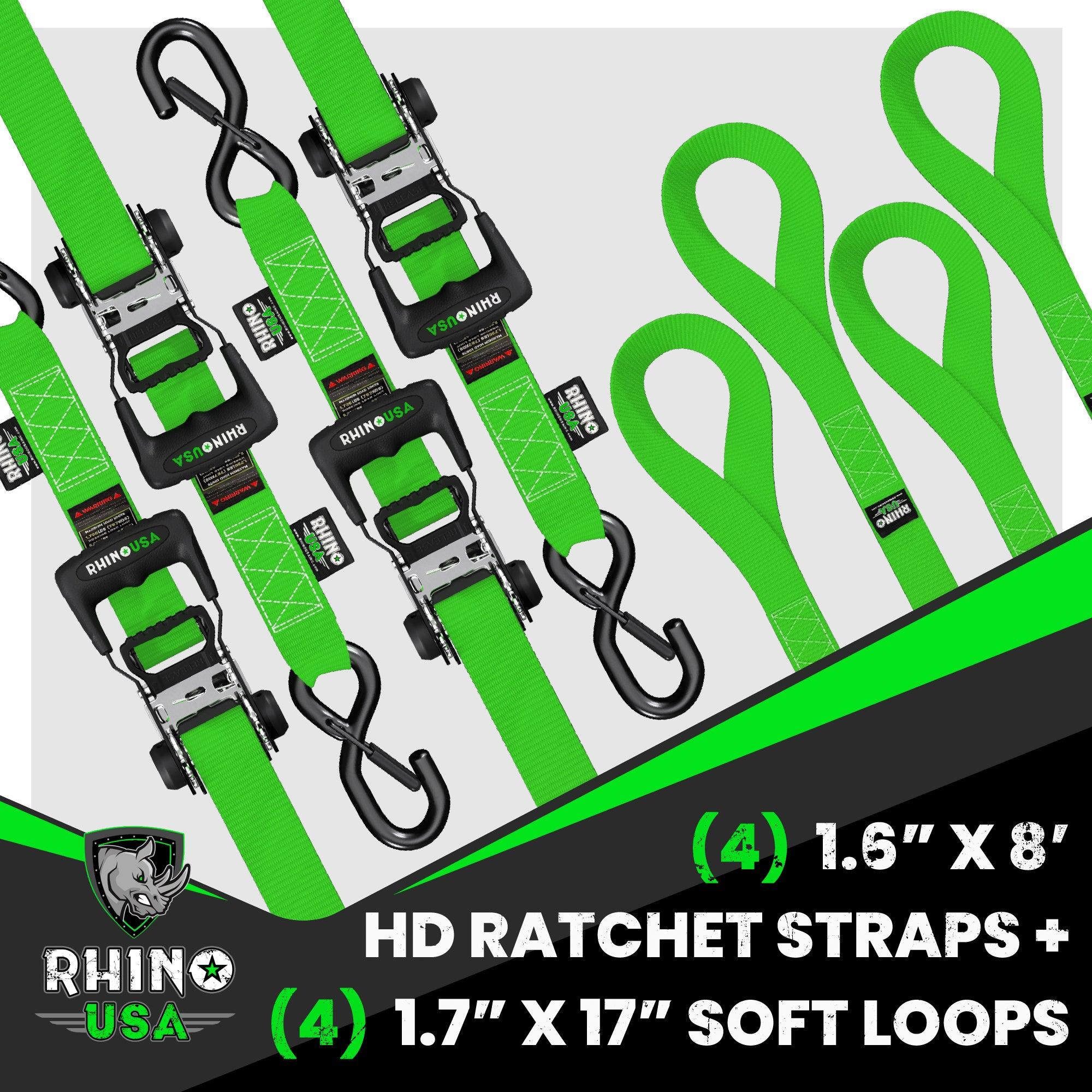 Rhino USA 1.6" X 8' Rhino Usa Heavy Duty Ratchet Tie-Down 4-Pack (Green) - HDKIT-4PK-GRN
