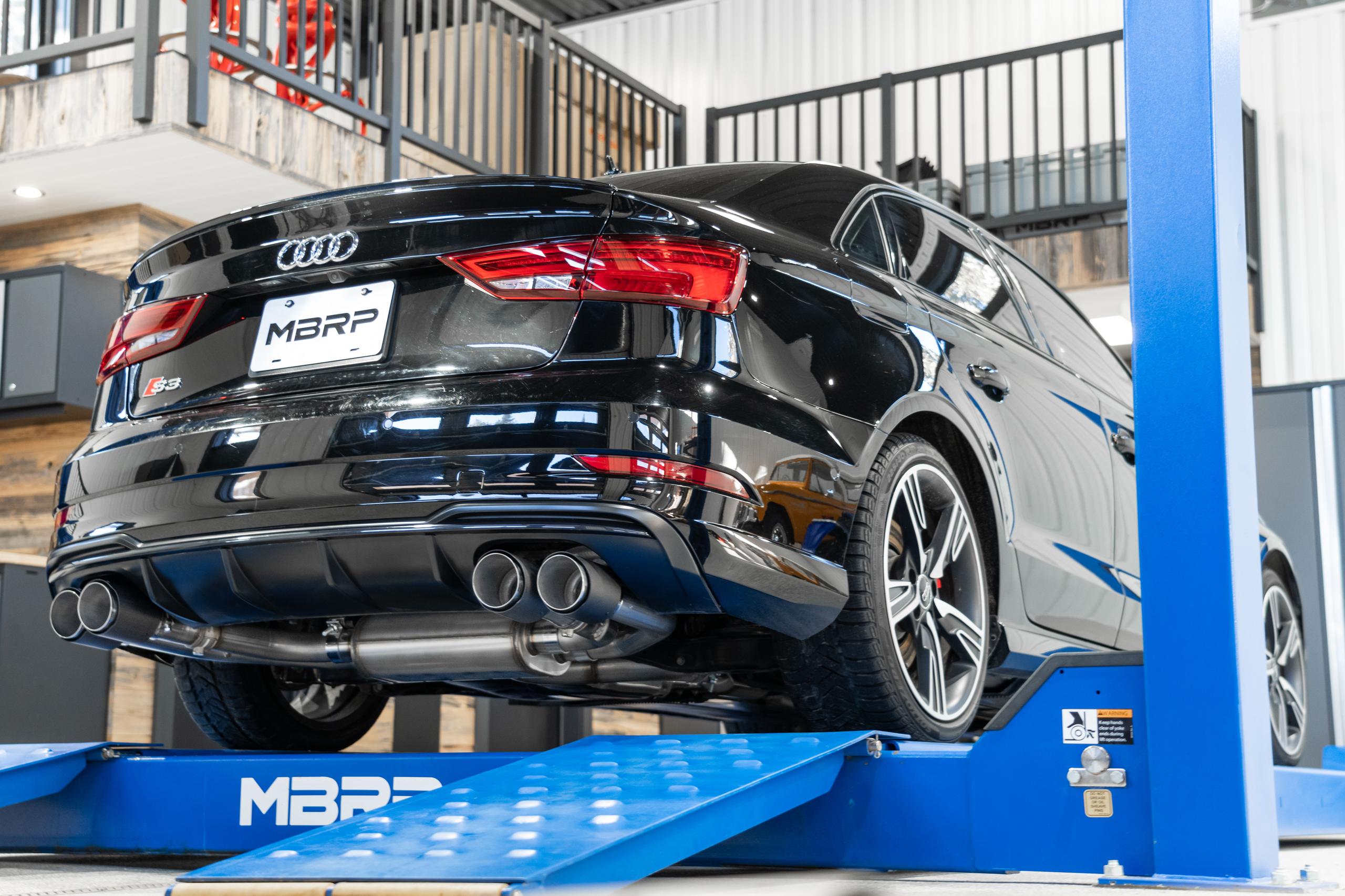 MBRP 3" Cat Back; Quad Split Rear Exit; T304 With Carbon Fiber Tips. (2015-2020 S3) - S46043CF