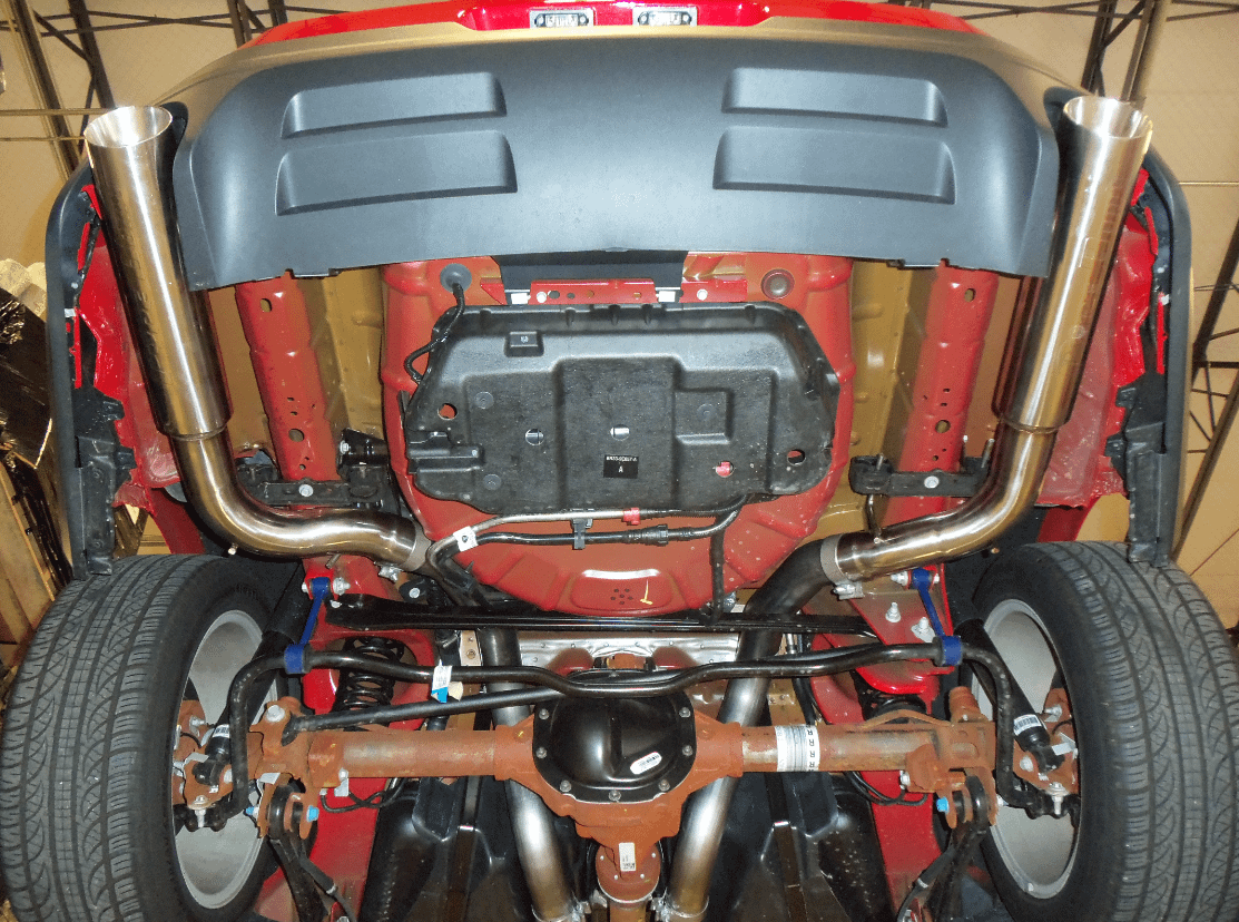 Pypes Cat Back Super System Exhaust System 11-14 Mustang GT Split Rear Dual Exit 2.5 in M80 Mufflers/Hardware/4 in Polished Tips Incl Natural Finish 409 Stainless Steel Pypes Exhaust - SFM76M