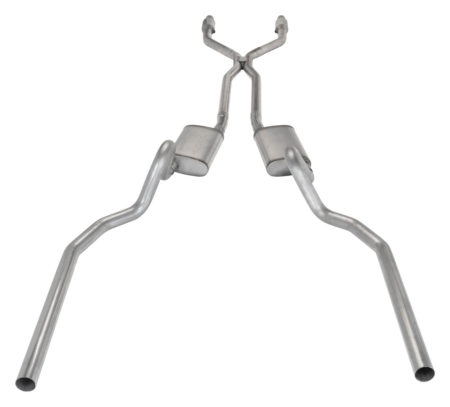 Pypes Crossmember Back w/H-Pipe Exhaust System 78-88 El Camino SS Split Rear Dual Exit 2.5 in Intermediate And Stainless Steel Tail Pipe Muffler And Tip Not Incl Natural Finish 409 Stainless Steel Catalytic Converter Incl Pypes Exhaust - SGG942E