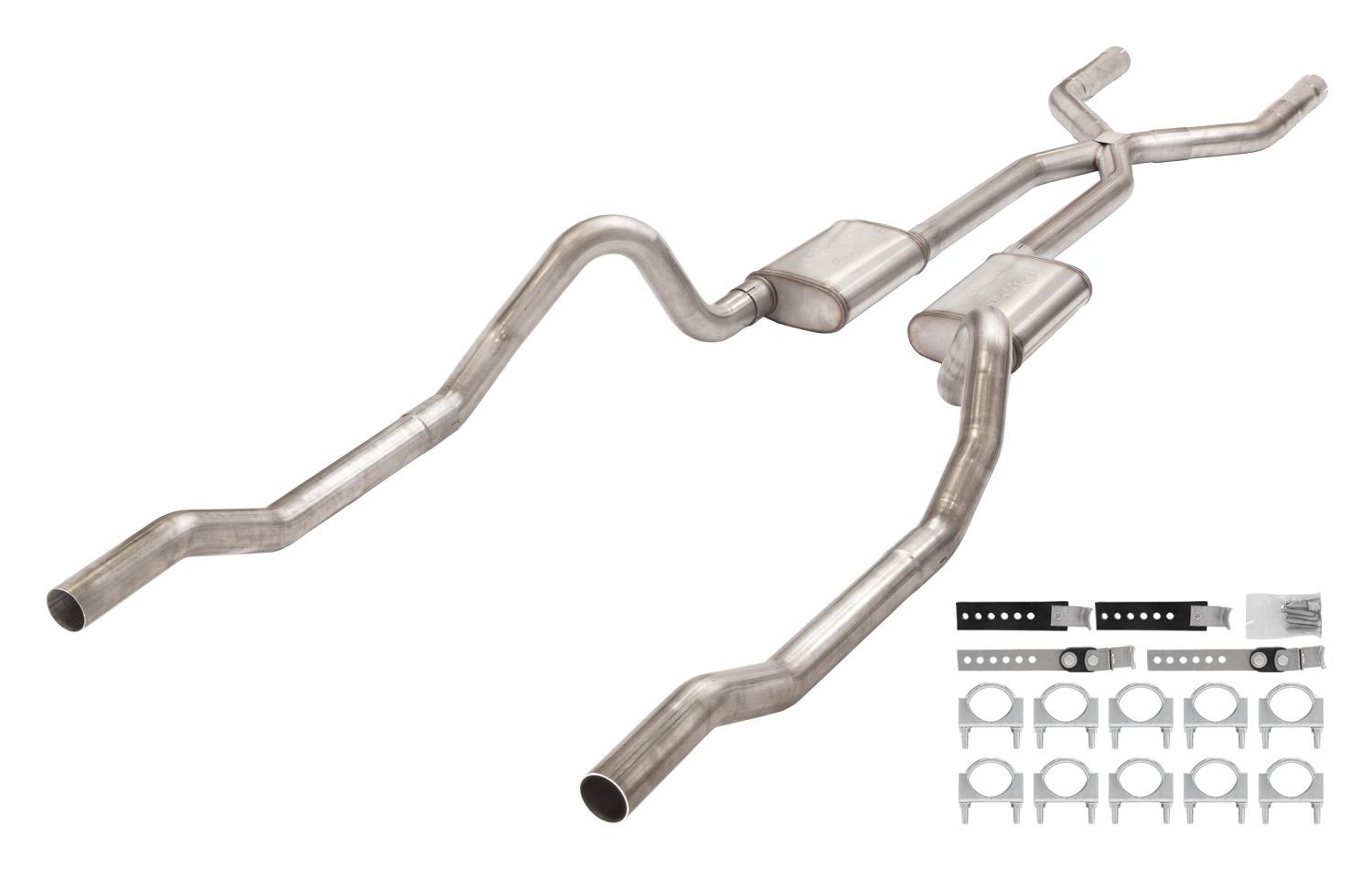 Pypes 1966-1974 Mopar B-Body 3 Inch Crossmember Back Exhaust System With X-Pipe 409 Stainless With Race Pro Mufflers - SMB13R