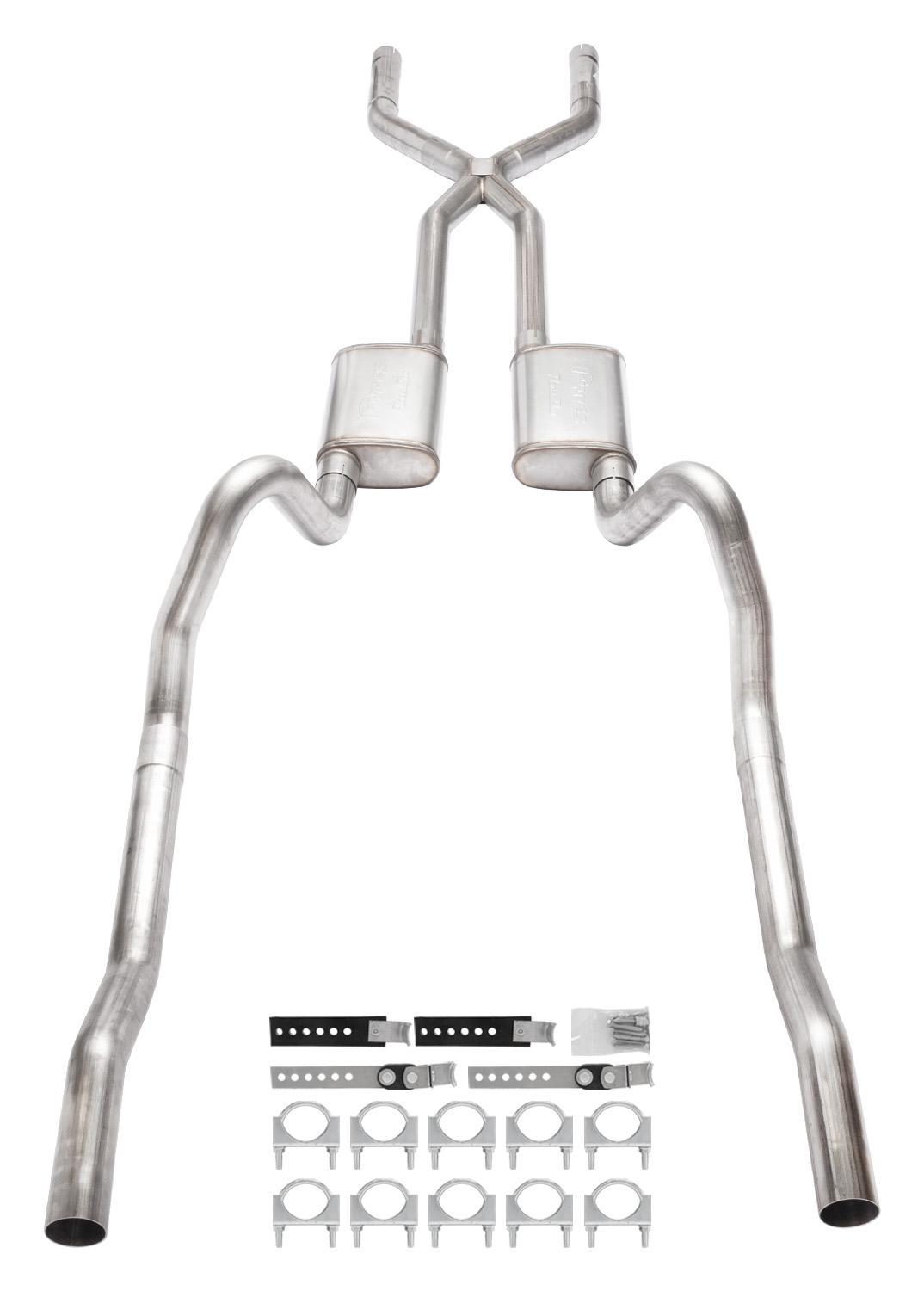 Pypes 1966-1974 Mopar B-Body 3 Inch Crossmember Back Exhaust System With X-Pipe 409 Stainless With Race Pro Mufflers - SMB13R