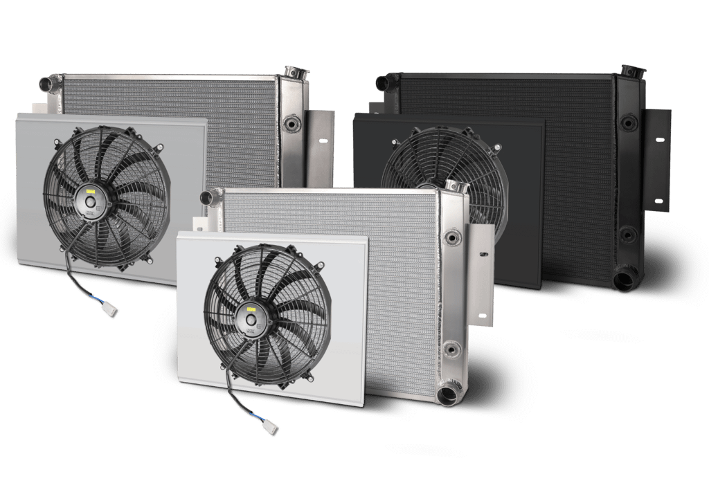 AFCO Aluminum Satin Radiator and Shroud 1964-67 GTO Single Black Shroud Crossflow With Trans Cooler AFCO - 80298-S-SB-Y