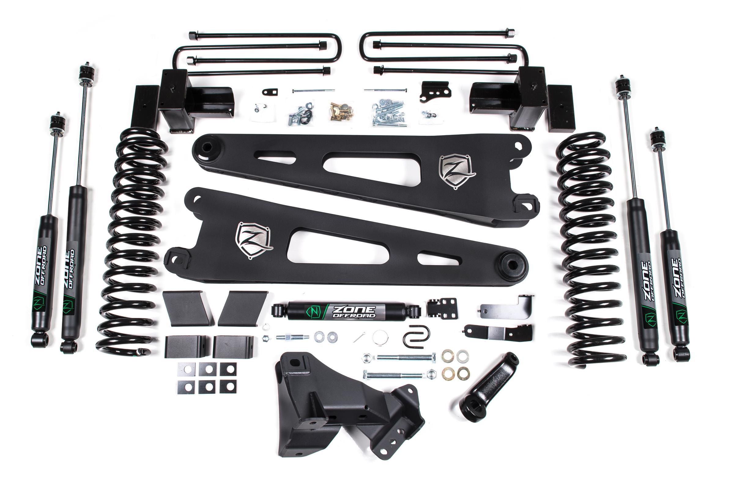 Zone Offroad 4" Lift Kit w/ Radius Arm - Black Rear Lift Kit w/ Factory Overload & Fox 2.0 Adventure Series Shocks (2017-2019 F-250/F-350) - ZONF108F