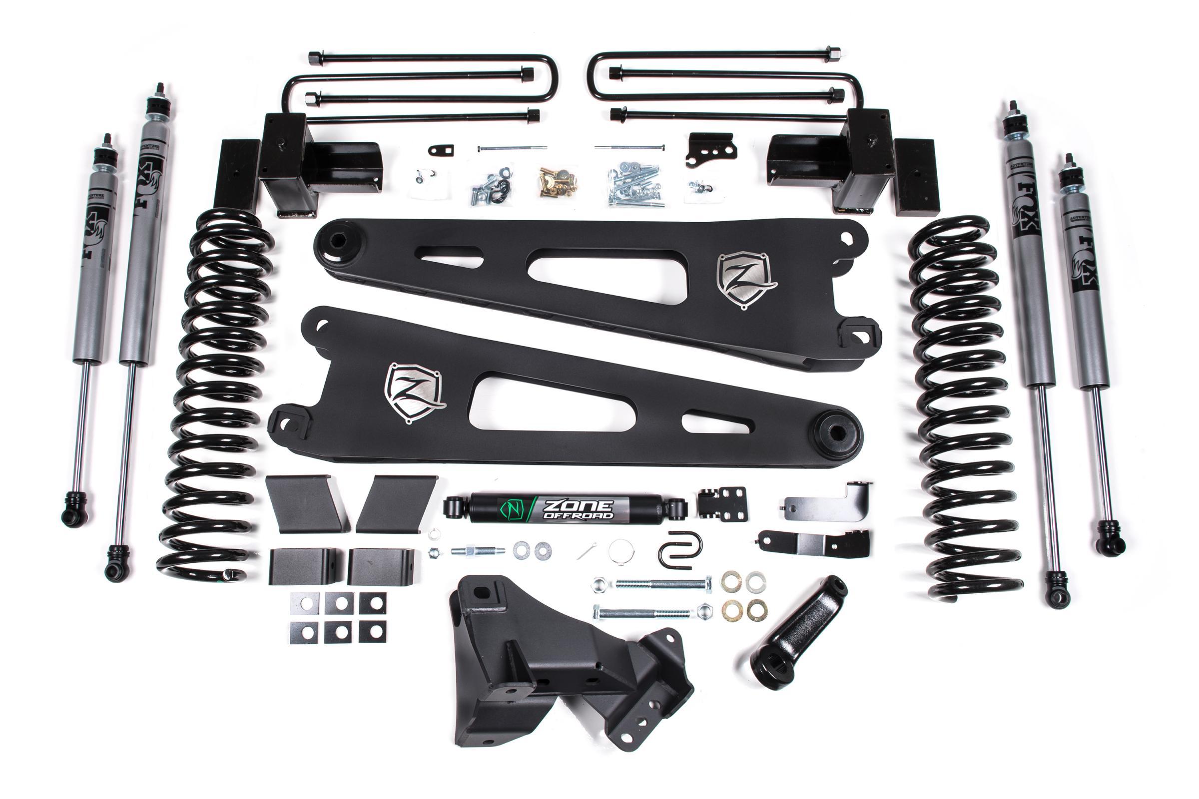 Zone Offroad 4" Lift Kit w/ Radius Arm - Black Rear Lift Kit w/ Factory Overload & Fox 2.0 Adventure Series Shocks (2017-2019 F-250/F-350) - ZONF108F