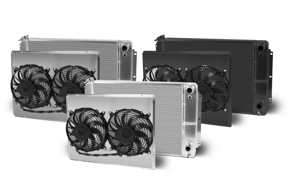 AFCO Aluminum Satin Radiator and Shroud 1973-76 Corvette Dual Black Shroud LSX Double Pass Crossflow With Trans Cooler AFCO - 84287-S-DB-Y