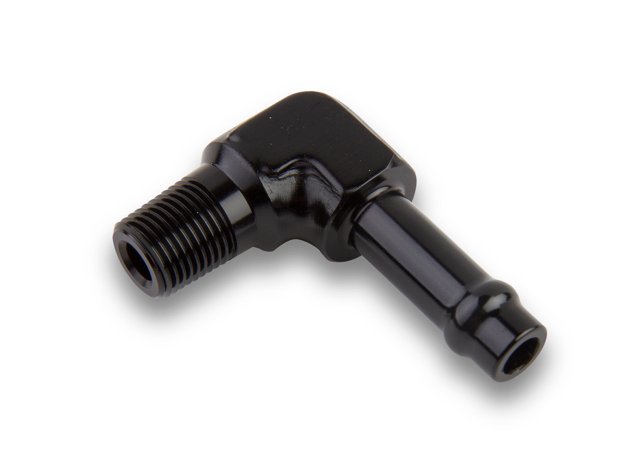 Earls Vapor Guard 90 Deg. Npt Hose End - Fitting Size: 1/8 In. Npt Male - Hose End Size: 3/8 In. Barb - Anodized Black - Aluminum - 782262ERL