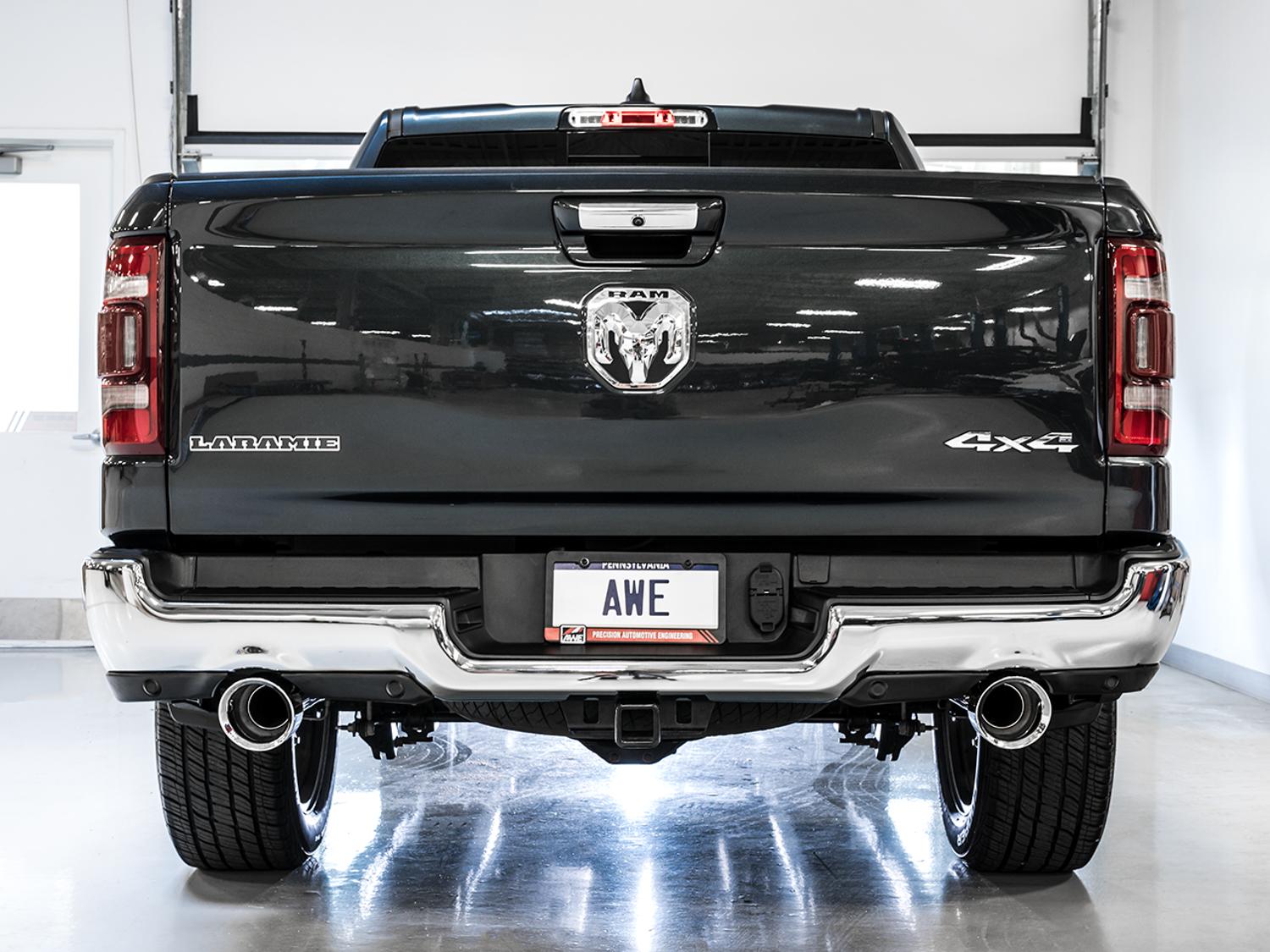 AWE 0FG Dual Rear Exit Catback Exhaust for 5th Gen RAM 1500 5.7L (with bumper cutouts) - Chrome Silver Tips - 3015-32005