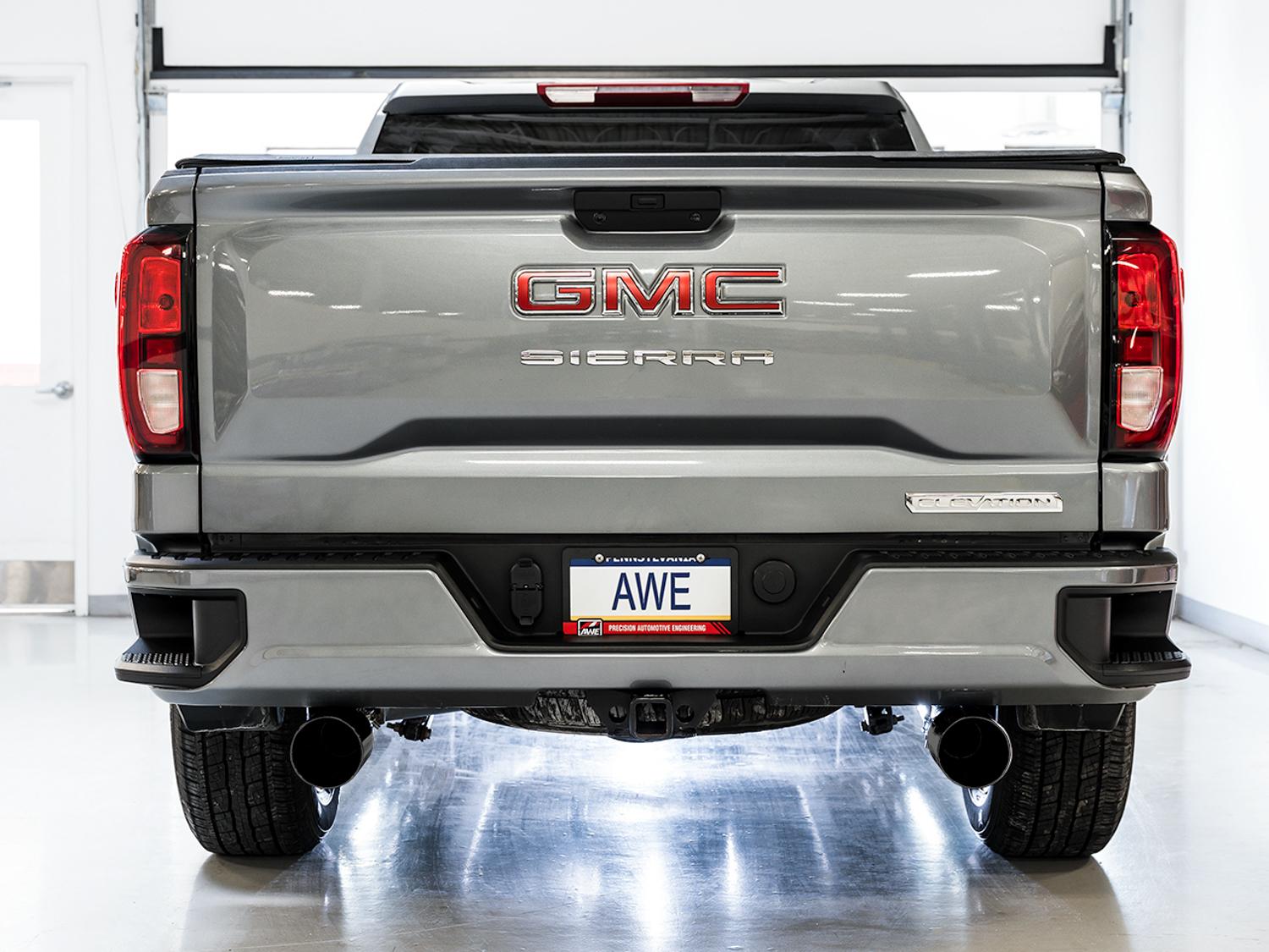 AWE 0FG Catback Split Rear Exit Exhaust for 4th Gen Silverado/Sierra 1500 5.3L (Flat Bumper) - Dual Diamond Black Tips - 3015-33206
