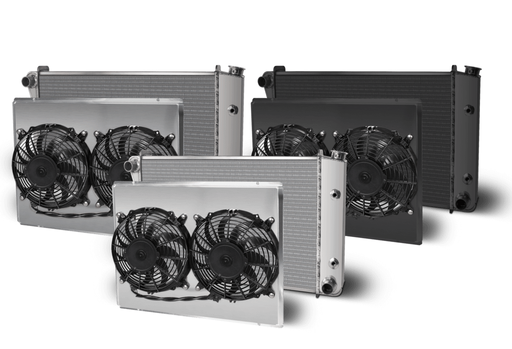 AFCO Aluminum Black Radiator and Shroud 1970-81 Firebird/Trans Am Dual Black Shroud With Trans Cooler AFCO - 80290-B-DB-Y