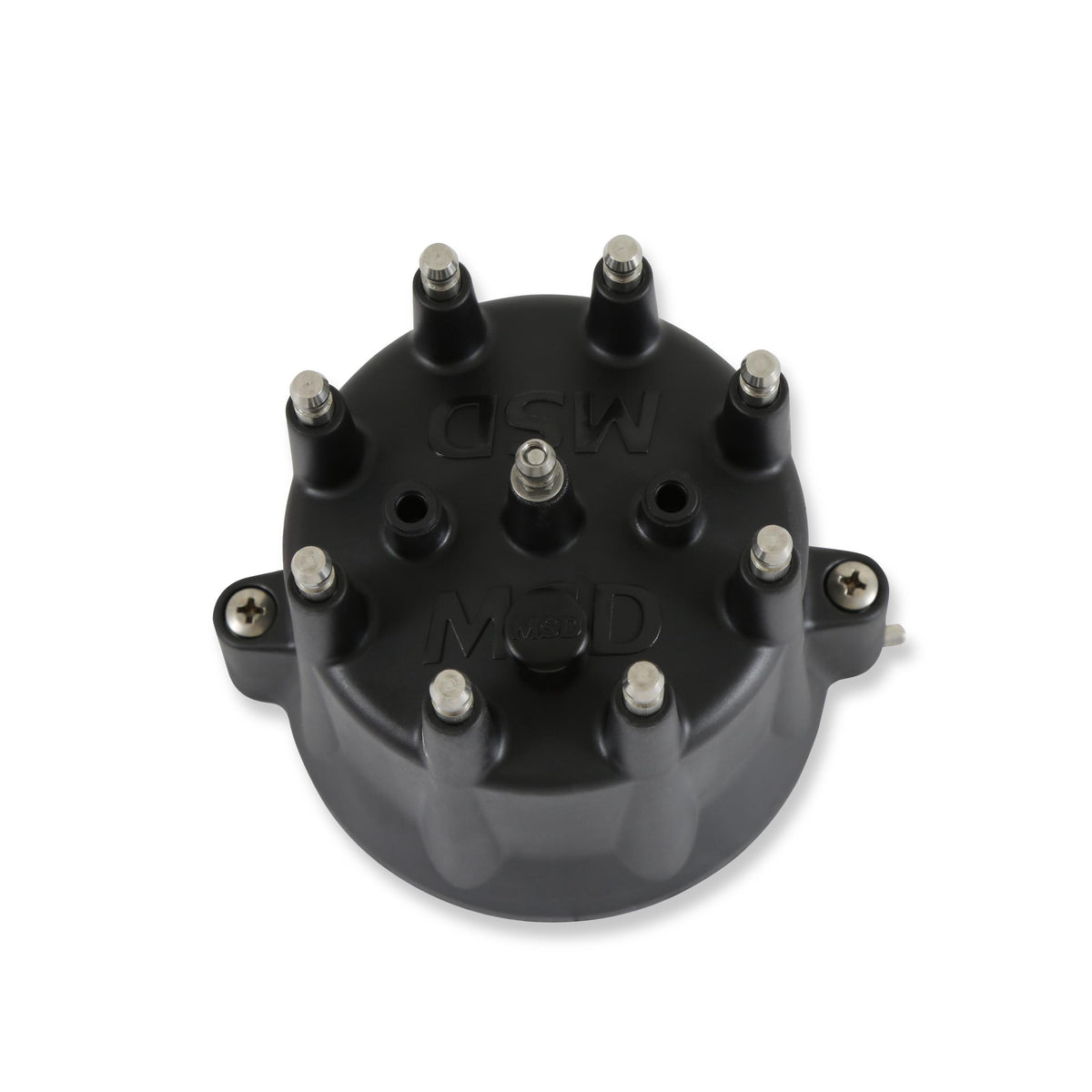 Black, V8 Distributor Cap with HEI Terminals and Spark Plug Wire Retainer.  - 84333
