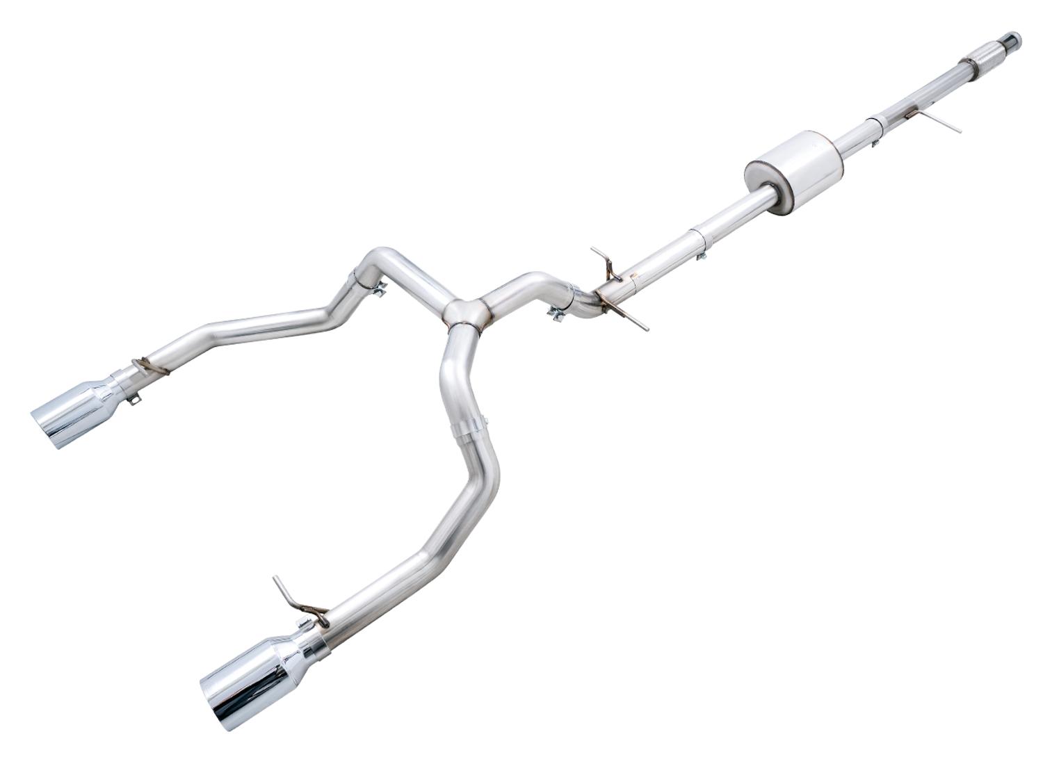 AWE 0FG Catback Split Rear Exit Exhaust for 4th Gen Silverado/Sierra 1500 5.3L (Flat Bumper) - Dual Chrome Silver Tips - 3015-32205
