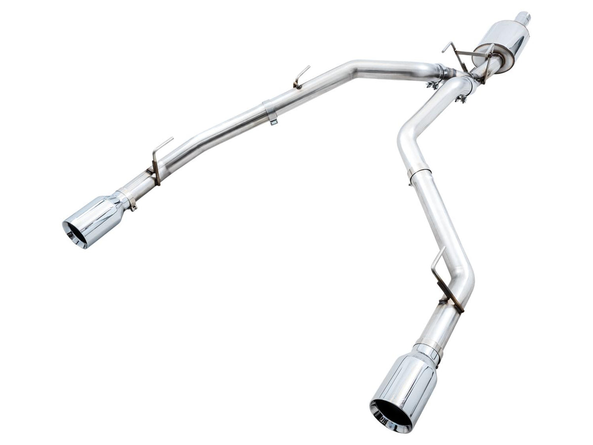 AWE 0FG Dual Rear Exit Catback Exhaust for 4th Gen RAM 1500 5.7L (without bumper cutouts) - Chrome Silver Tips - 3015-32101