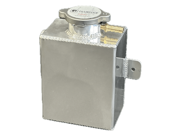 Fluidyne Universal Coolant Expansion Tank, 1.25 Quart, 1/4'' NTP Barbed Fitting, 3/8'' NTP side fitting, 1/2'' NTP Bottom, 2, 1/4'' mounting tabs, fully polished with cap - ACC.CET125POL