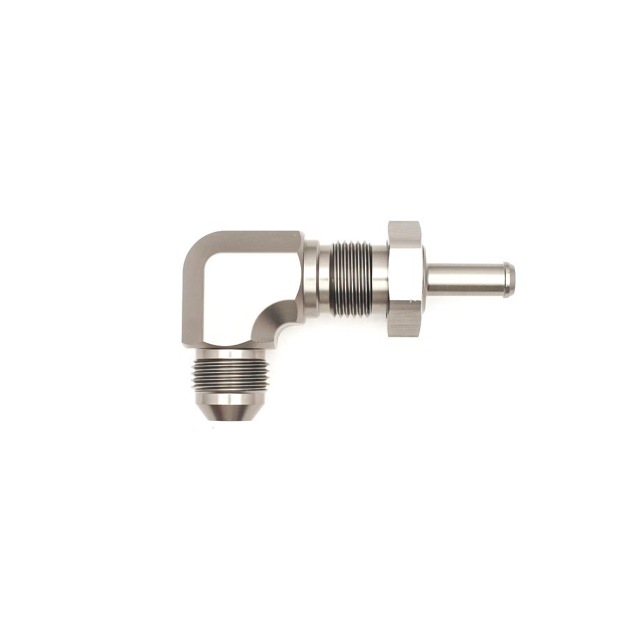 DeatschWerks 8AN Male Flare to 5/16 Inch Male Barb Bulkhead Adapter 90-Degree (Incl Nut), Anodized DW Titanium - 6-02-0713