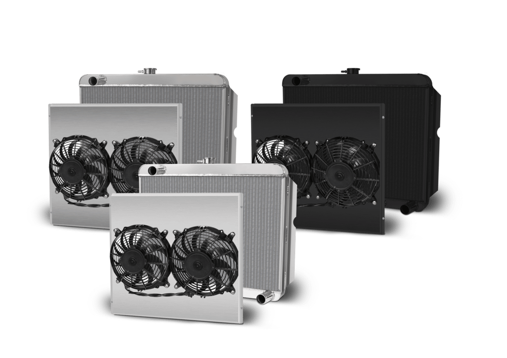 AFCO Aluminum Radiator 26.38 Inch X 22 Inch Mopar A, B & E Body Drivers Side Inlet Dual Fan & Shroud Kit Black W/O Cooler AFCO - 83295-S-DS-Y