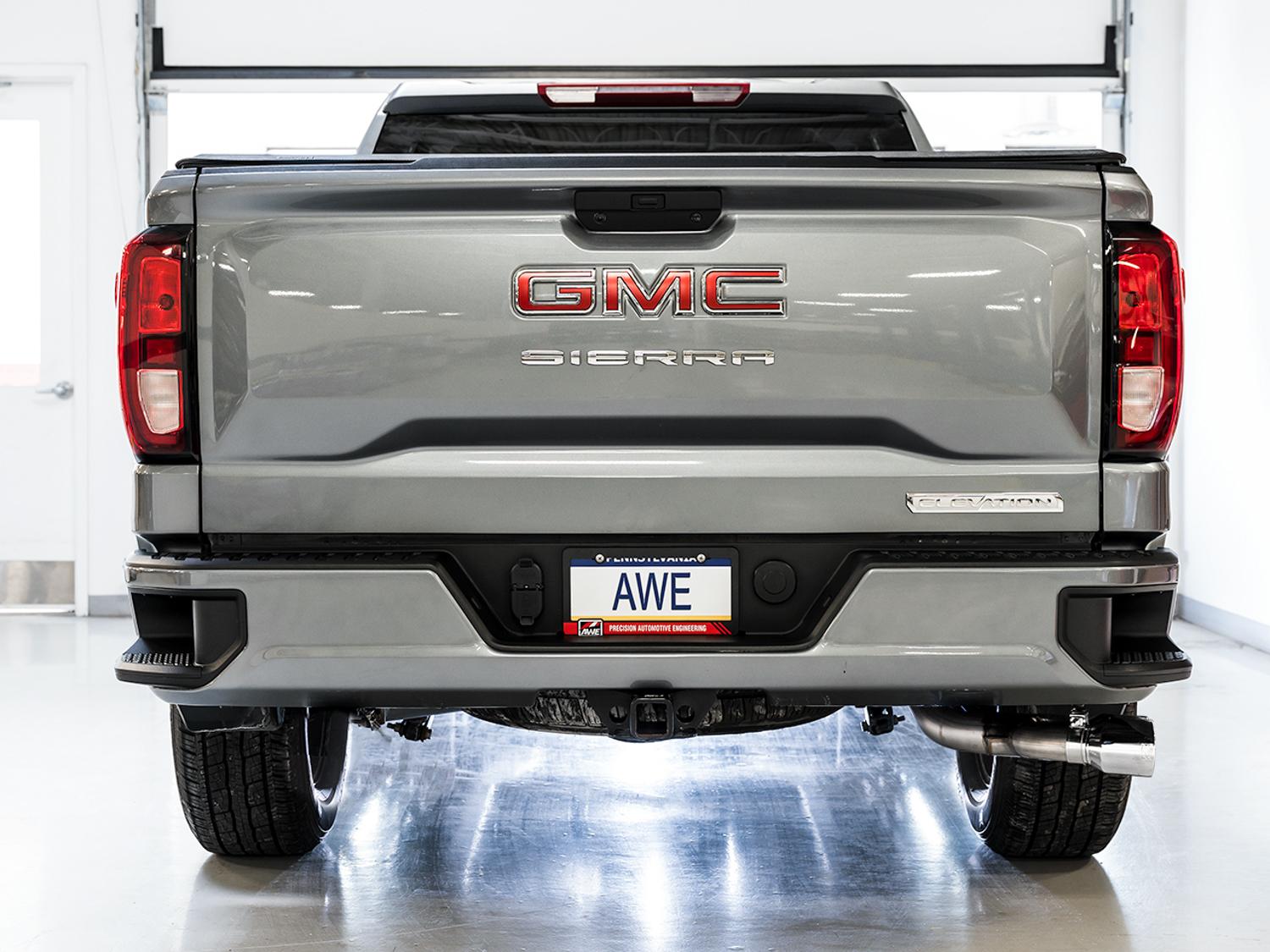 AWE 0FG Catback Dual Side Exit Exhaust for 4th Gen Silverado/Sierra 1500 5.3L (Flat Bumper) - Chrome Silver Tips - 3015-22207