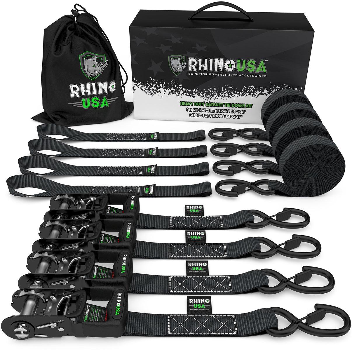 Rhino USA 1.6" X 15' Rhino Usa Heavy Duty Ratchet Tie-Down 4-Pack Black - TD-GC1.6X15-BLK