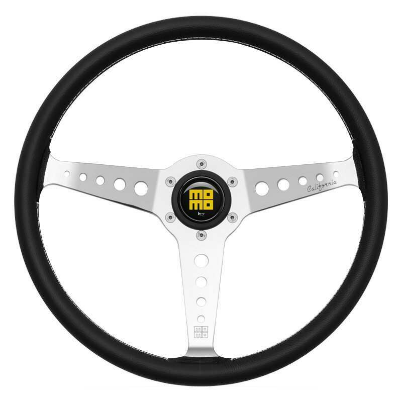 Momo Steering Wheel - California, 360 Diam, 34 Dish, Blk Lea, Wht Stitch, Pol Spokes - CAL36BK2S
