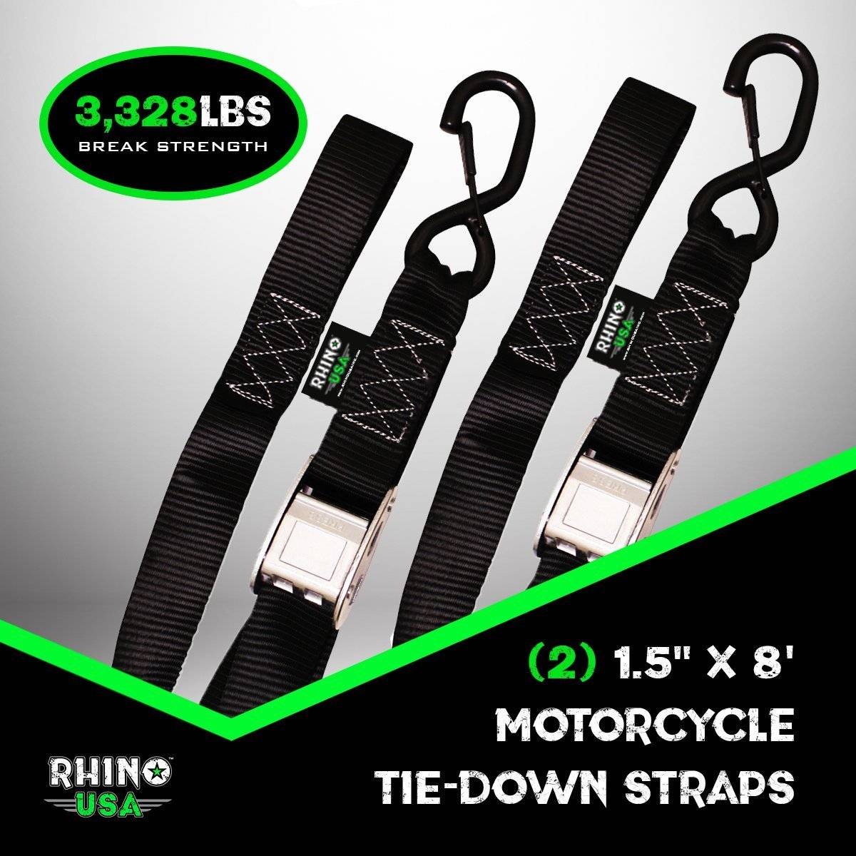 Rhino USA Rhino Usa 1.5" X 8' Cambuckle Motorcycle Tiedown Straps 2-Pack (Black) - G-CAMSOFT-2PK