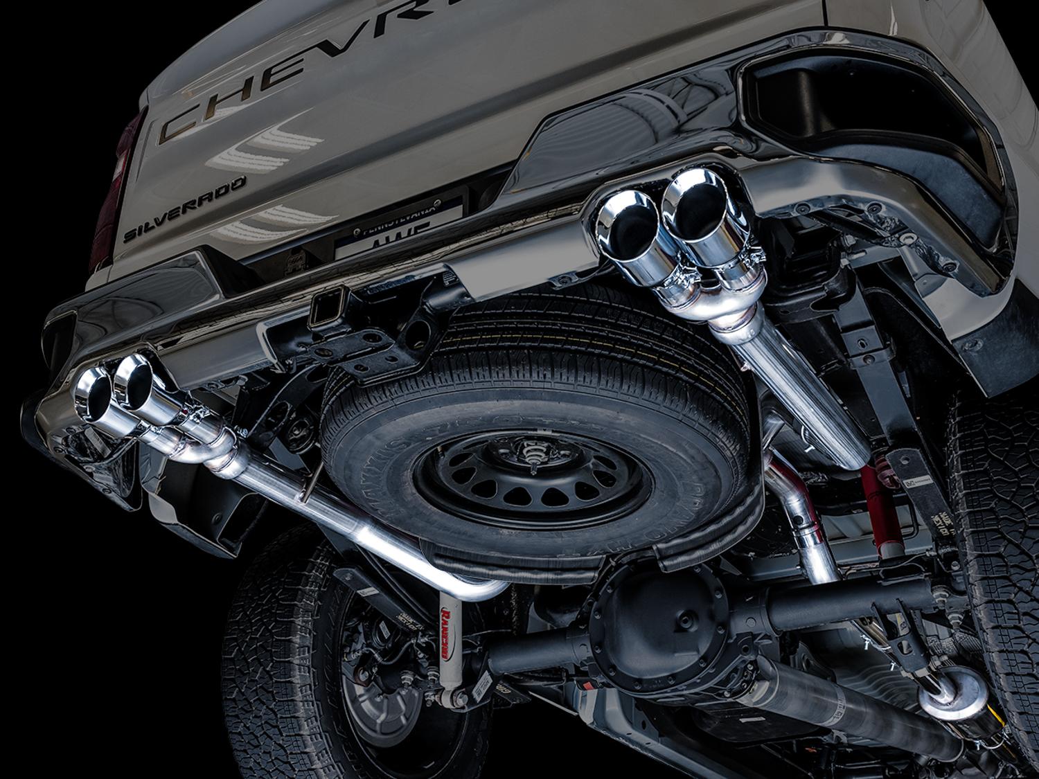 AWE 0FG Catback Split Rear Exit Exhaust for 4th Gen Silverado/Sierra 1500 5.3L (With Bumper Cutouts) - Quad Chrome Silver Tips - 3015-42201