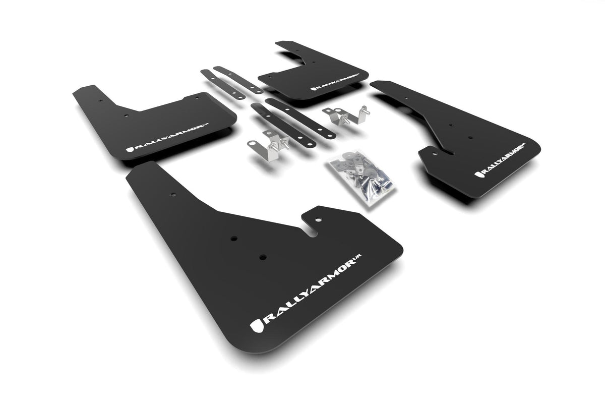 Rally Armor Black Mud Flap/White Logo (2019-2025 Corolla, Corolla XSE, Corolla SE, Corolla SE Nightshade) - MF67-UR-BLK/WH