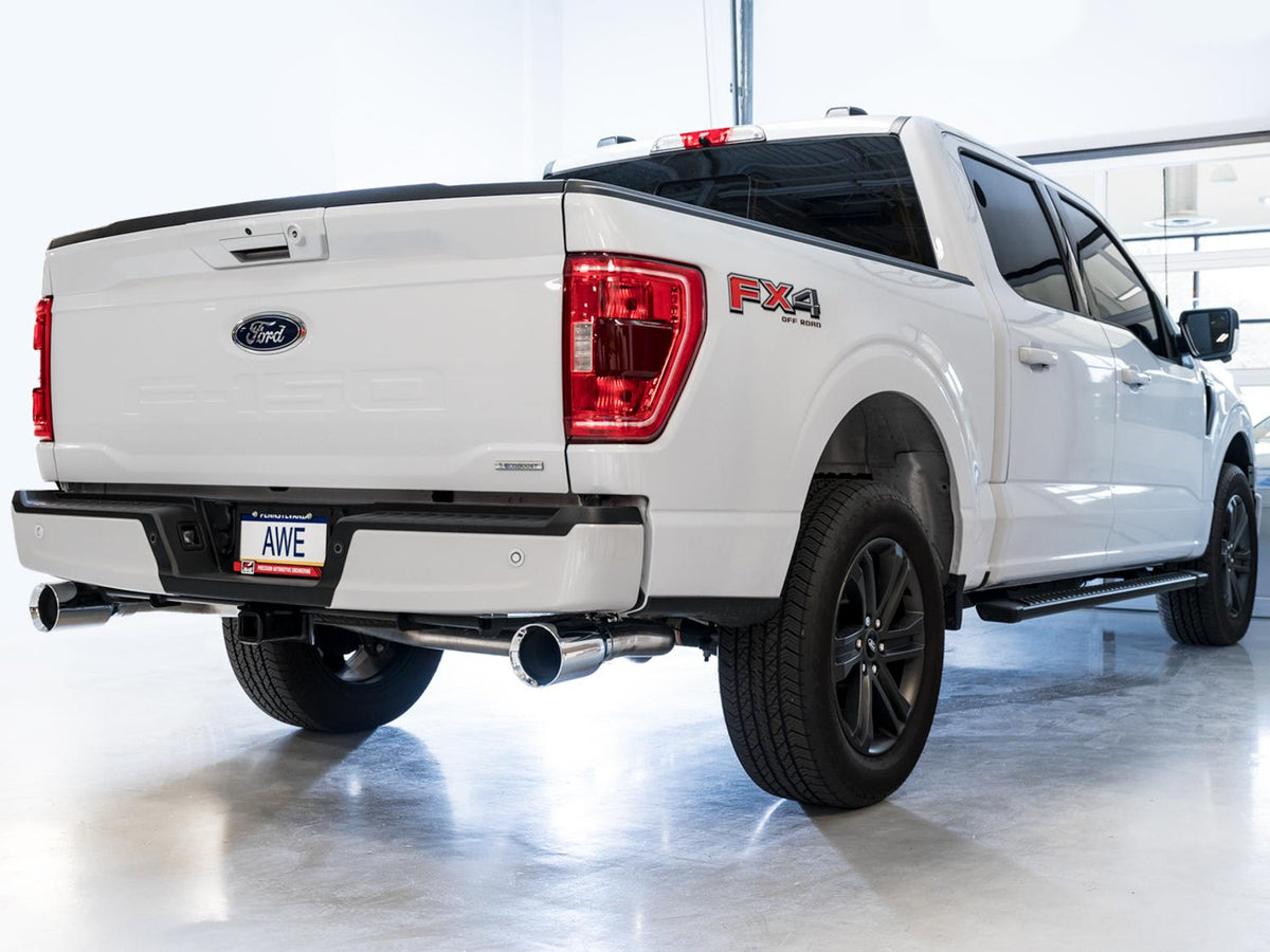 AWE 0FG 3" Dual Split Rear Catback Exhaust - 5" Chrome Silver Tips (2021-2025 F-150 2.7L / 3.5L / 5.0L) - 3015-32105