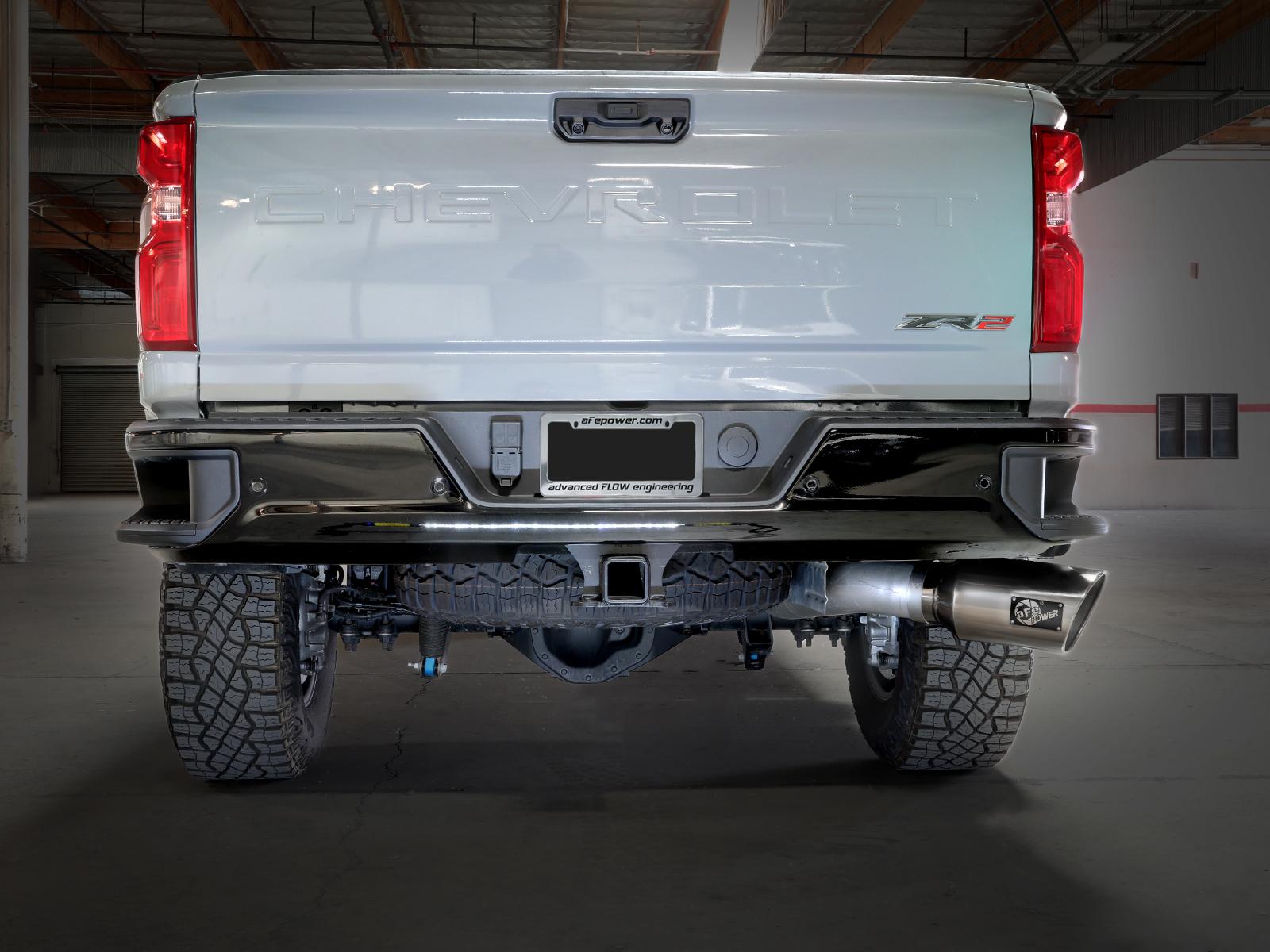 aFe Large Bore-HD 5 IN 409 Stainless Steel DPF-Back Exhaust System w/ Polished Tip (GM Diesel Trucks 24-25 V8-6.6L (td) L5P)- 49-44147-P