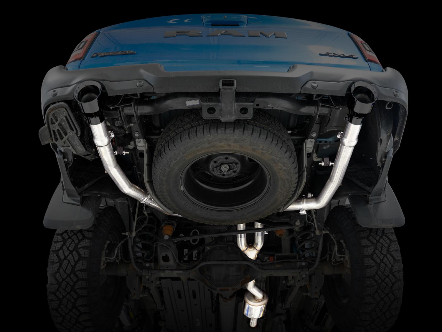 AWE 0FG Dual Rear Exit Catback for 5th Gen RAM 1500 5.7L (with bumper cutouts) - Diamond Black Tips - 3015-33006