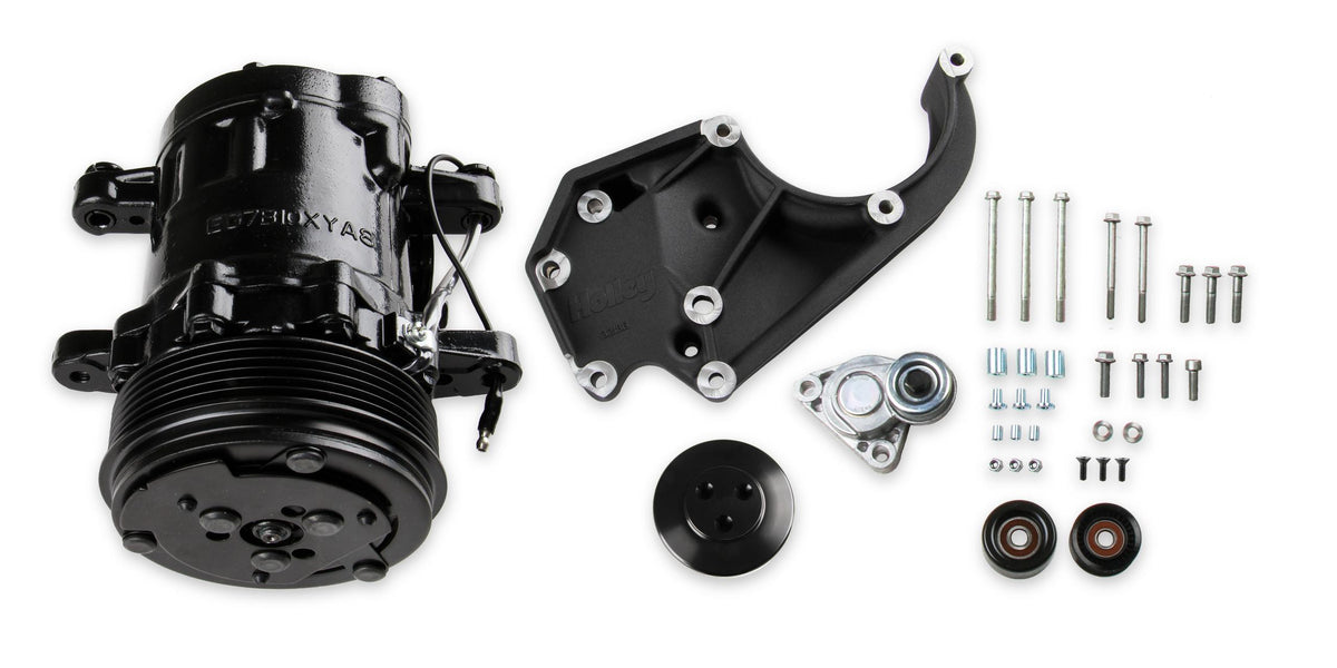 Holley LS A/C Accessory Drive Kit - Includes SD7 A/C Compressor, Tensioner, &amp; Pulleys- Black Finish.  - 20-142BK