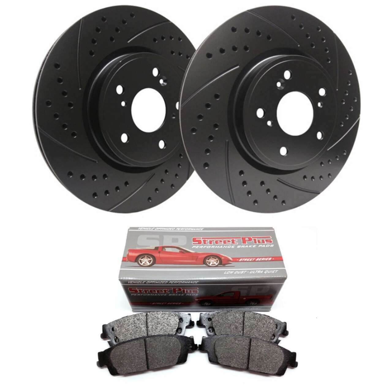 SP Performance Doubled Drilled & Slotted Rotors w/ Black Zinc Coating - Rear Pair with Metallic Brake Pads (15-21 GT, EcoBoost w/ Perf Pkg.) - S54-1109-BPMD1793