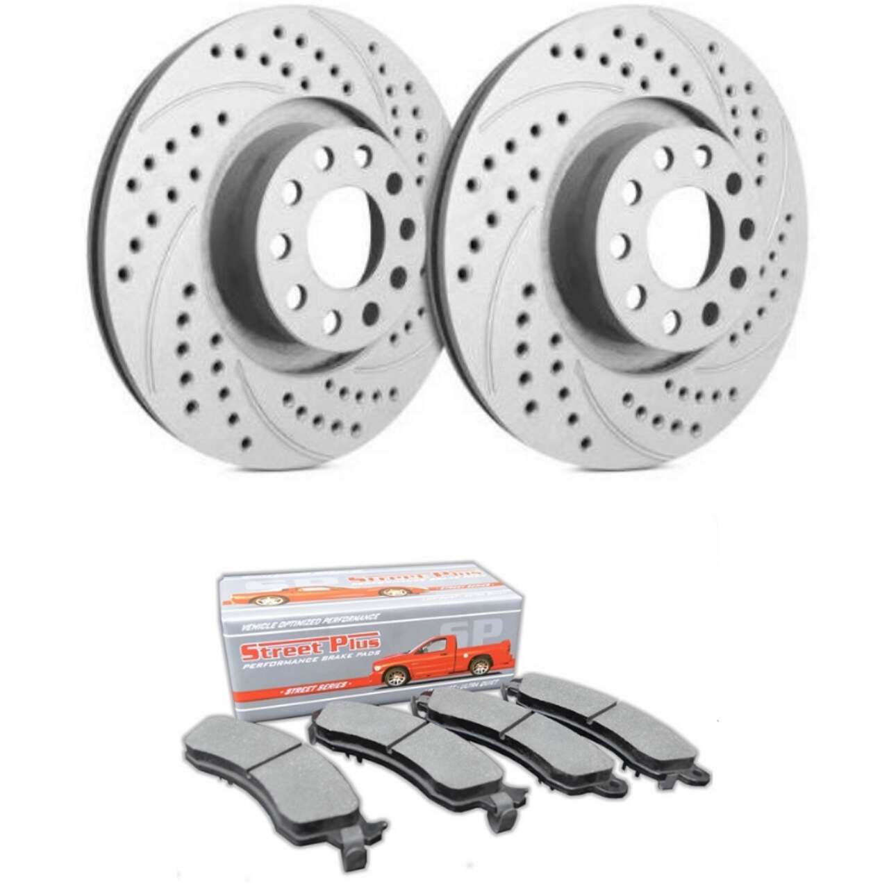 SP Performance Cross-Drilled & Slotted Rotors w/ Gray ZRC - Front Pair with Ceramic Brake Pads (15-21 Standard GT, EcoBoost w/ Performance Pack) - F54-1114CD1784
