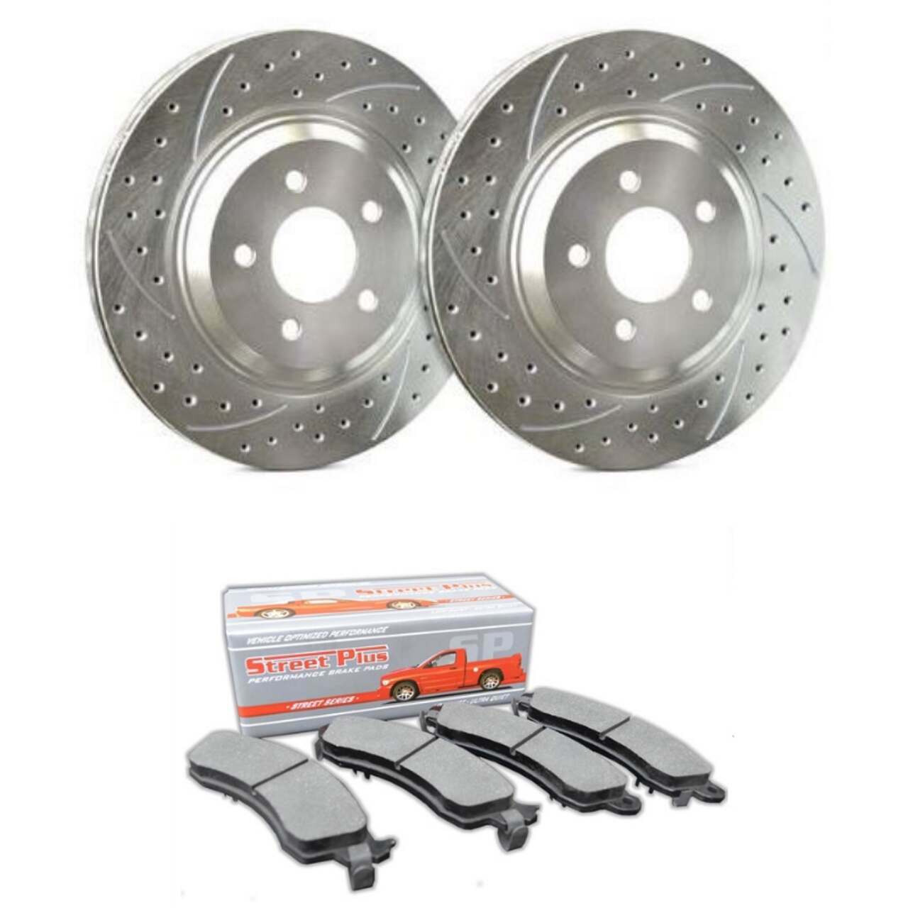 SP Performance Cross-Drilled & Slotted Rotors w/ Silver Zinc Coating - Rear Pair with Ceramic Brake Pads (05-14 All, Excluding 13-14 GT500) - F54-131-PCD1465