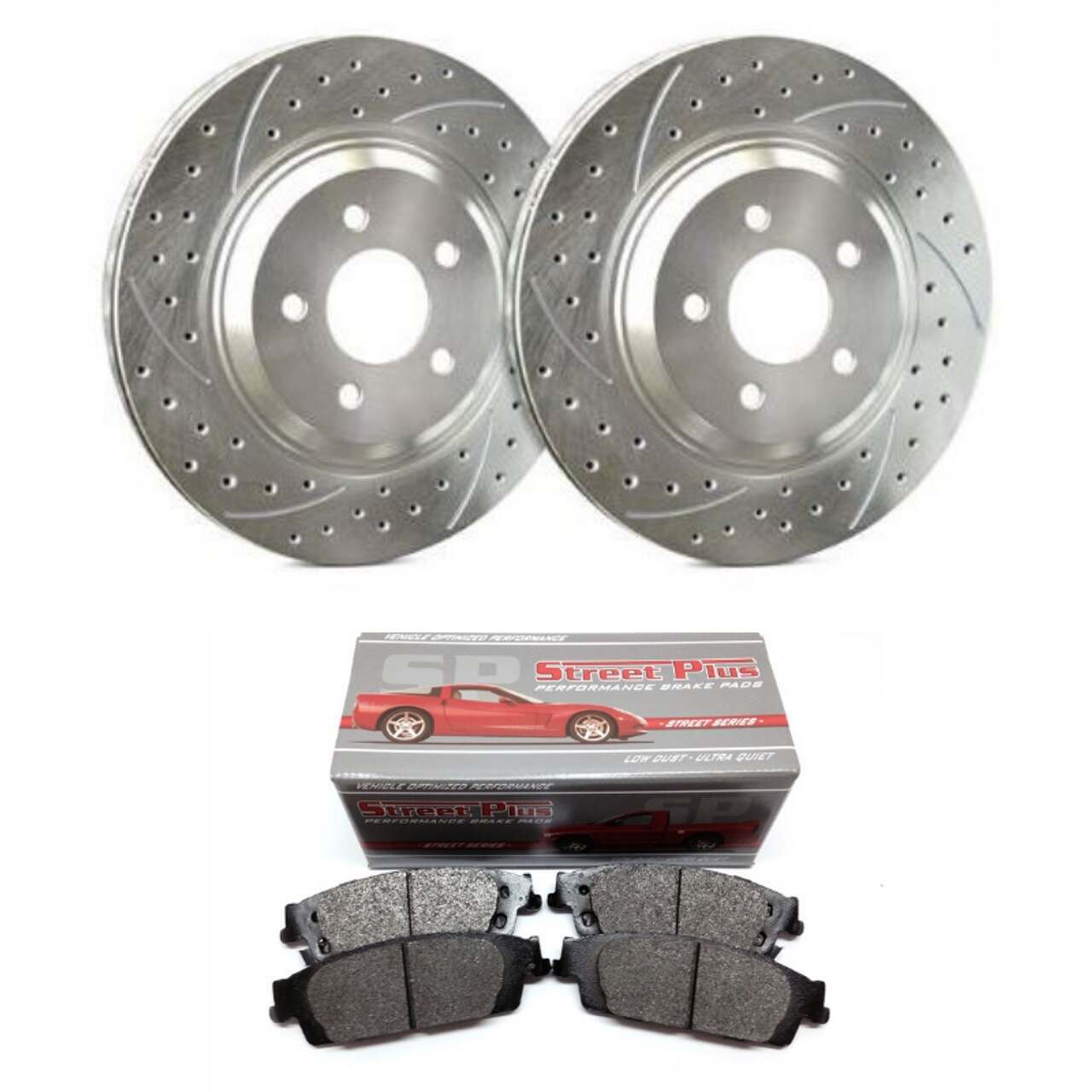 SP Performance Double Drilled & Slotted Rotors w/ Silver Zinc Coating - Front Pair with Metallic Brake Pads (15-21 GT w/ Brembo Package) - S54-1116-PMD1792