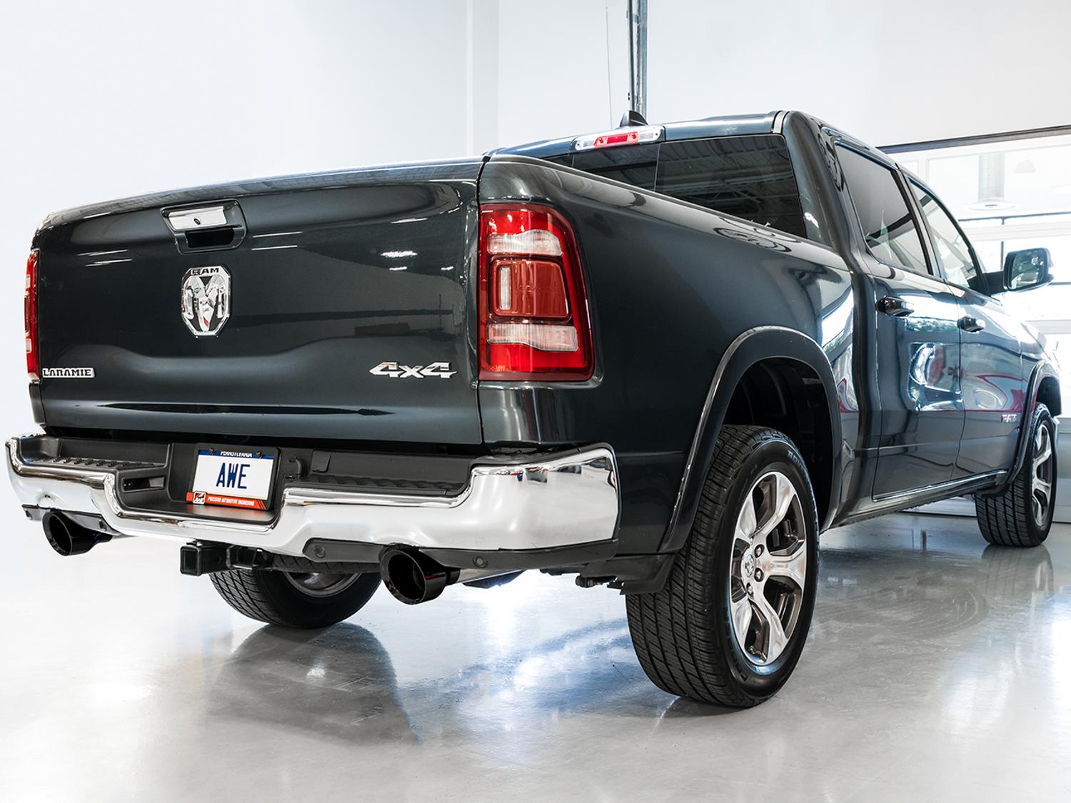 AWE 0FG Dual Rear Exit Catback for 5th Gen RAM 1500 5.7L (with bumper cutouts) - Diamond Black Tips - 3015-33006