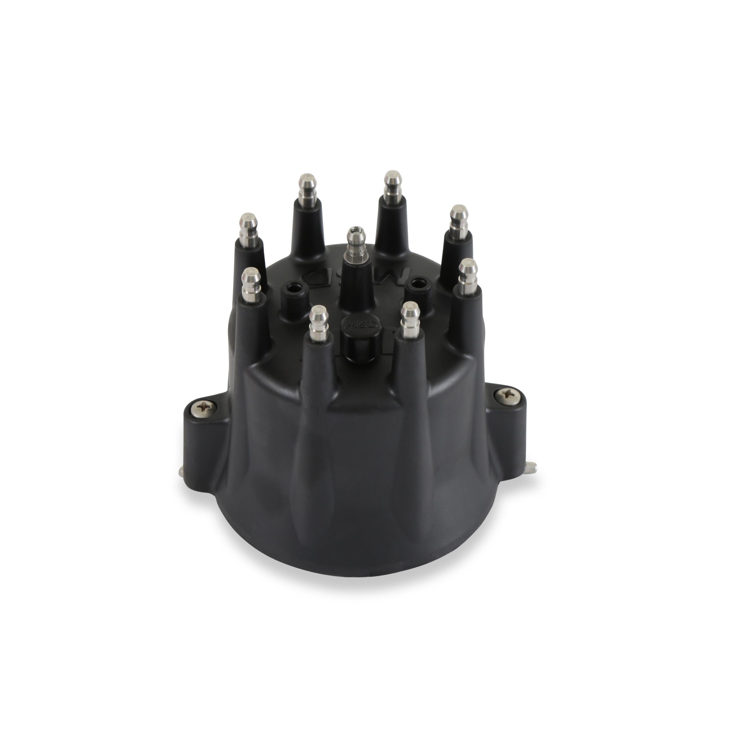Black, V8 Distributor Cap with HEI Terminals and Spark Plug Wire Retainer.  - 84333