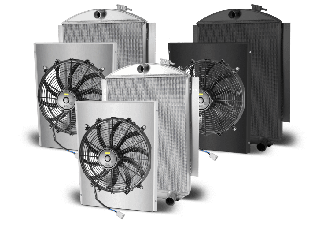 AFCO Aluminum Black Radiator and Shroud 1942-48 Ford Car Single Black Shroud Chevy With Trans Cooler AFCO - 80144-B-SB-Y