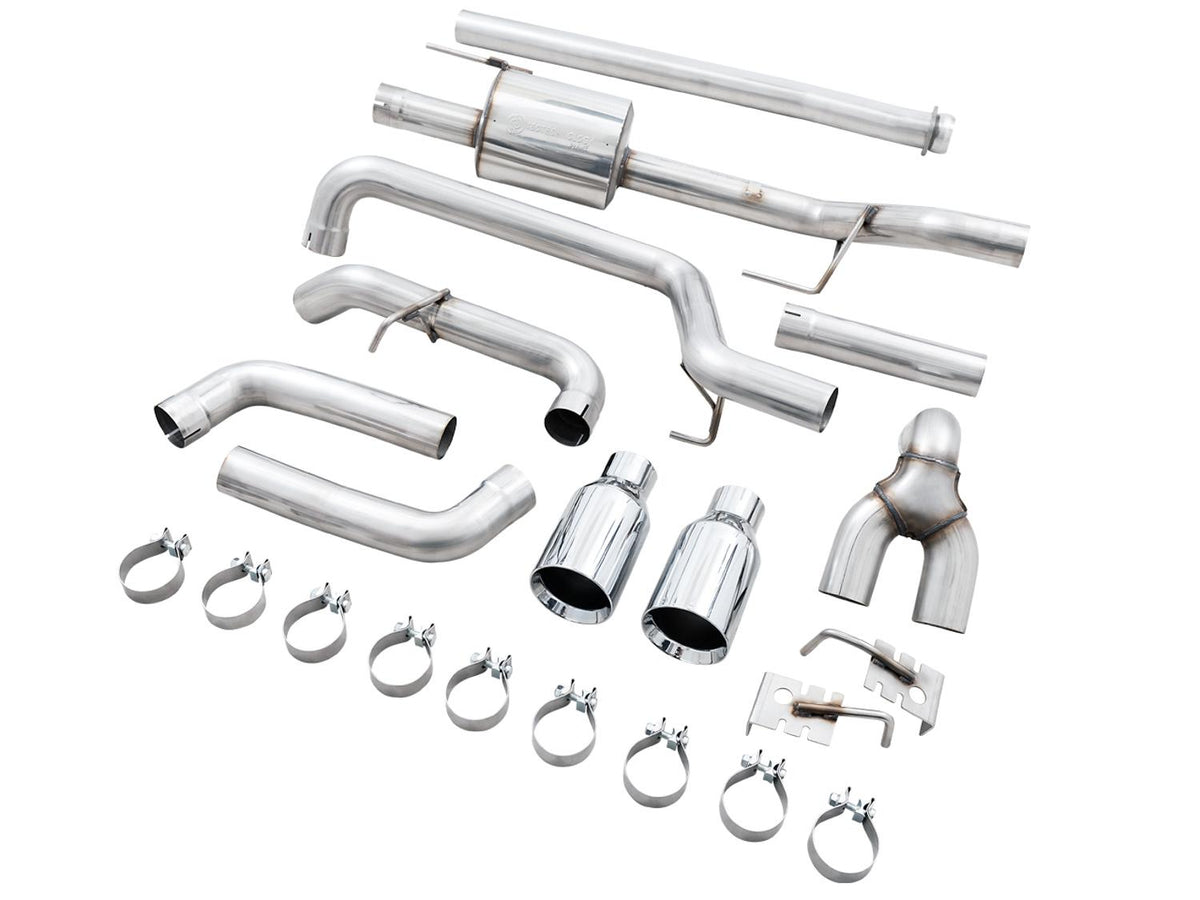 AWE 0FG 3" Dual Split Rear Catback Exhaust - 5" Chrome Silver Tips (2021-2025 F-150 2.7L / 3.5L / 5.0L) - 3015-32105