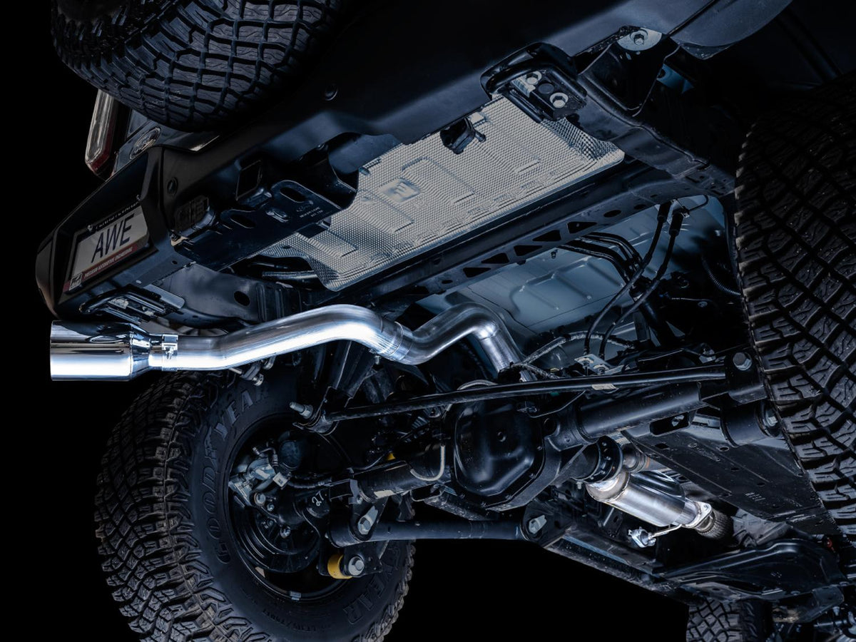 AWE 0FG 3" Catback Exhaust with BashGuard (2021-2025 Ford Bronco 2.3L / 2.7L) - Single 5" Chrome Silver Tip - 3015-22789
