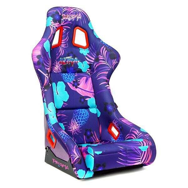 NRG FRP Bucket Seat PRISMA- PINA Version with Purple pearlized back. Violet Tropical print finish in vegan material plus phone pockets. (Large) - FRP-302-PINA